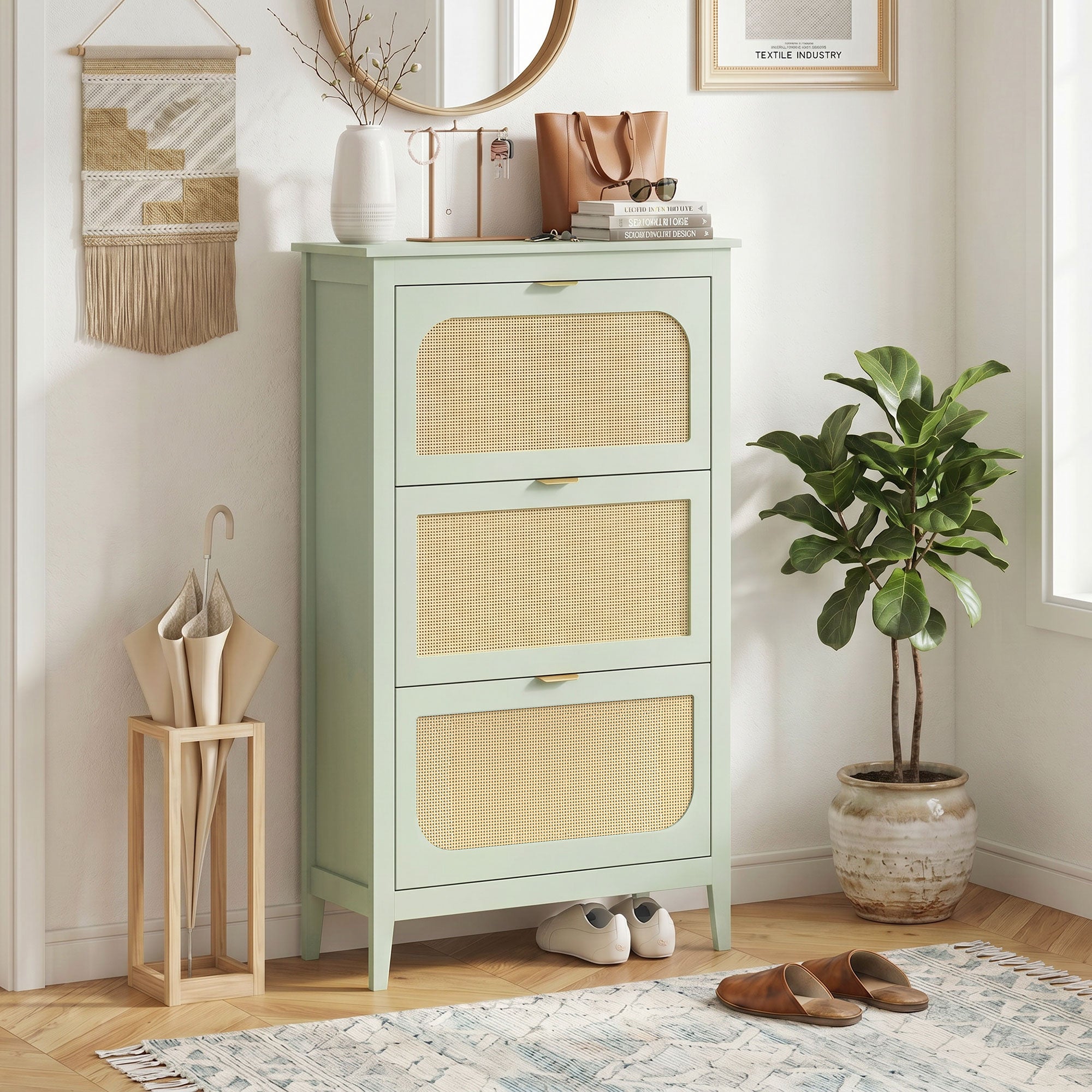 Shoe Storage Cabinet with 3 Flip Drawers, Boho Slim Shoe Cabinet with Rattan Doors for Entryway, Hallway, Holds 21 Pairs, Light Green