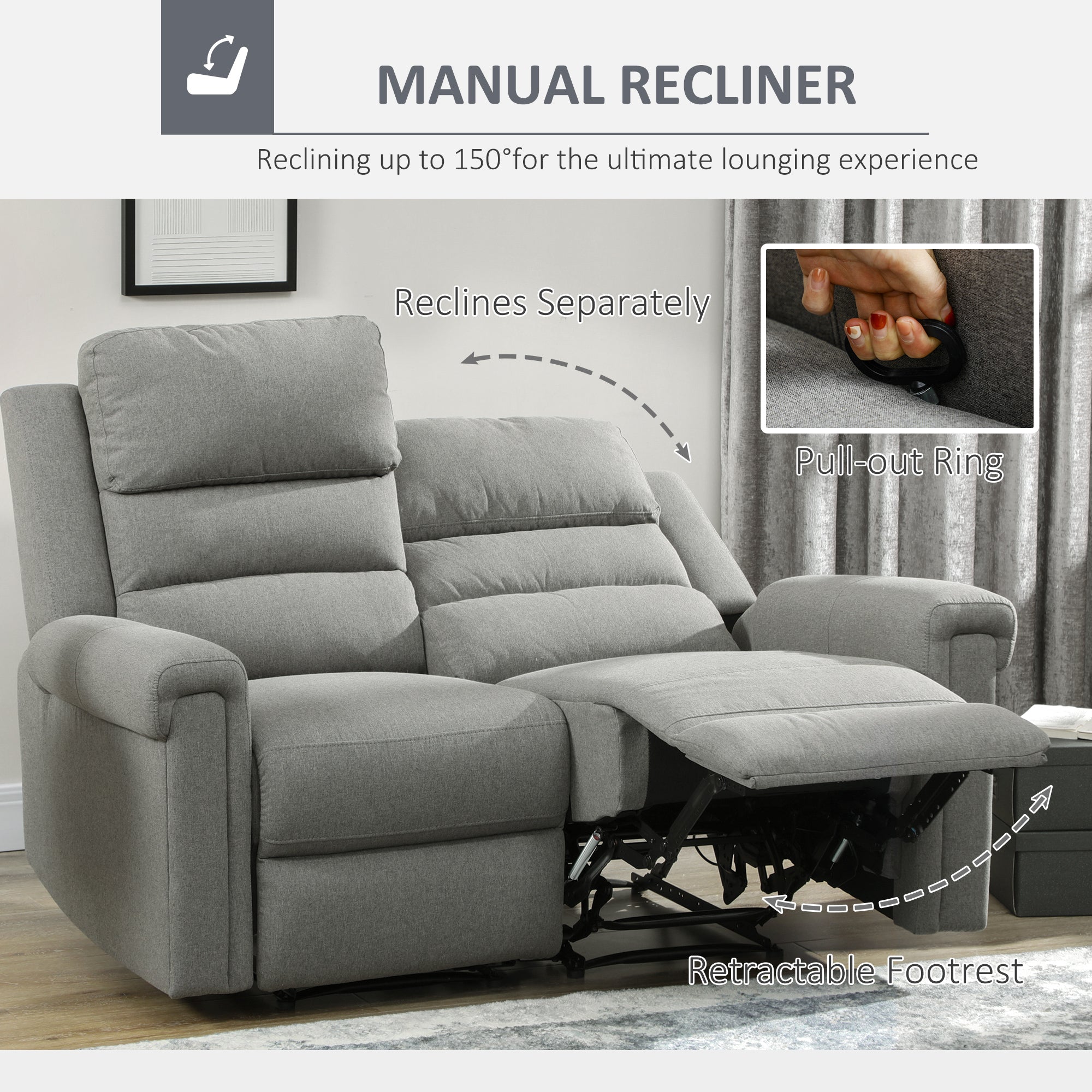 2 Seater Recliner Sofa with Manual Pull Tab Fabric Reclining Sofa RV Couch Gray