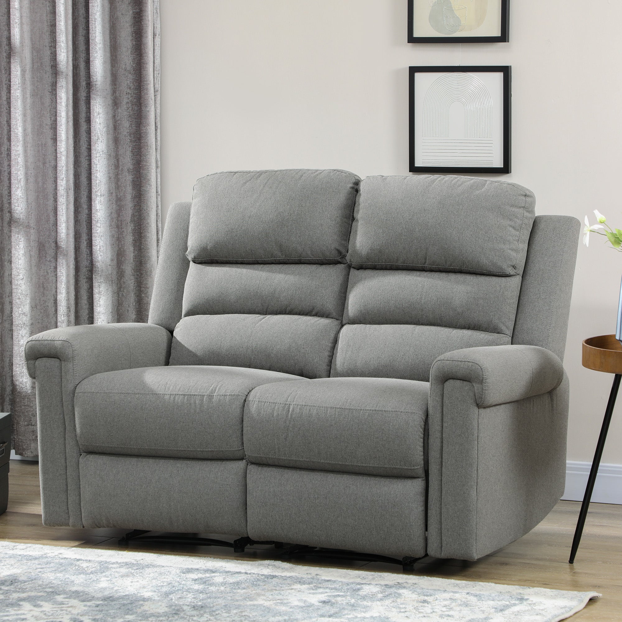 2 Seater Recliner Sofa with Manual Pull Tab Fabric Reclining Sofa RV Couch Gray