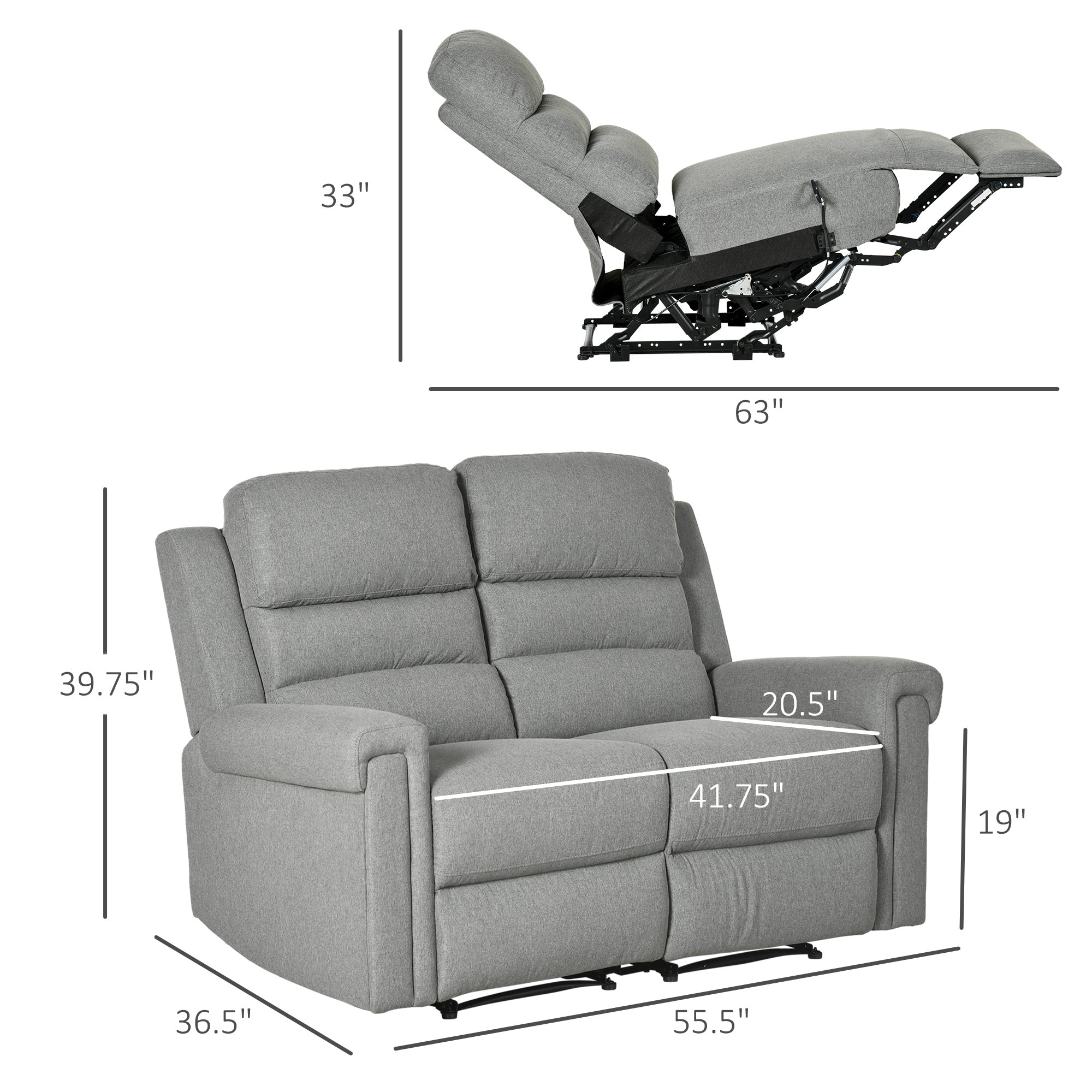 2 Seater Recliner Sofa with Manual Pull Tab Fabric Reclining Sofa RV Couch Gray