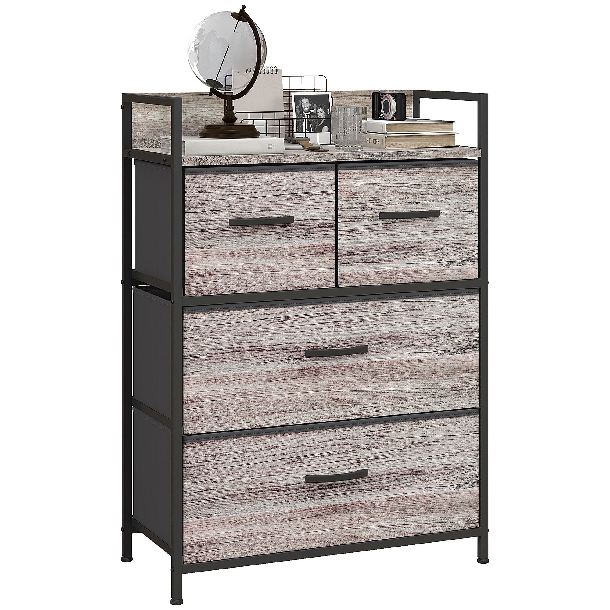HOMCOM Bedroom Chest of Drawers, Fabric Dresser with 4 Drawers, Storage Organiser Unit with Open Shelf and Metal Frame for Living Room, Entryway, Grey Wood Effect