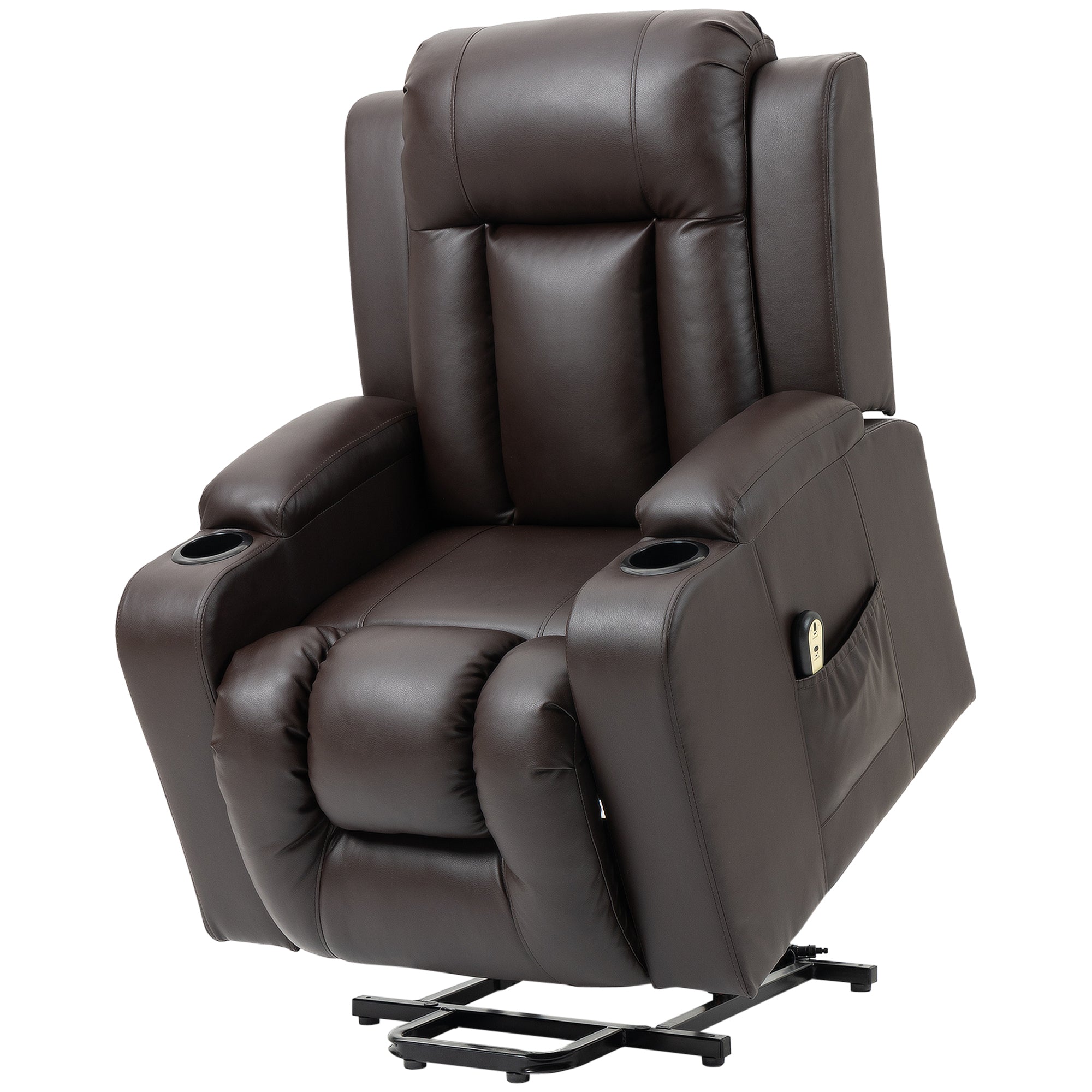 HOMCOM Electric Power Lift Chair, PU Leather Recliner Sofa with Footrest, Remote Control and Cup Holders, Brown