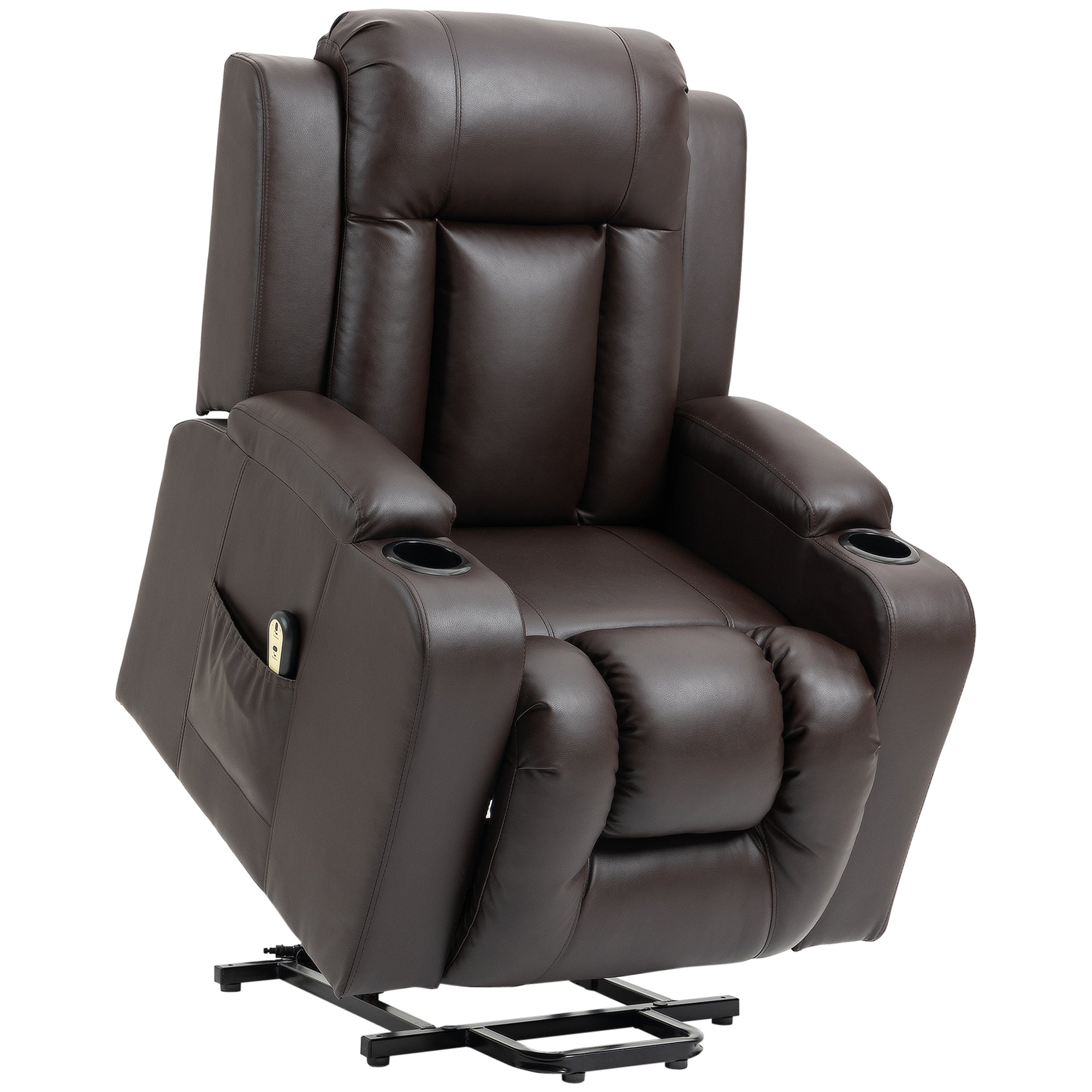 HOMCOM Electric Power Lift Chair, PU Leather Recliner Sofa with Footrest, Remote Control and Cup Holders, Brown