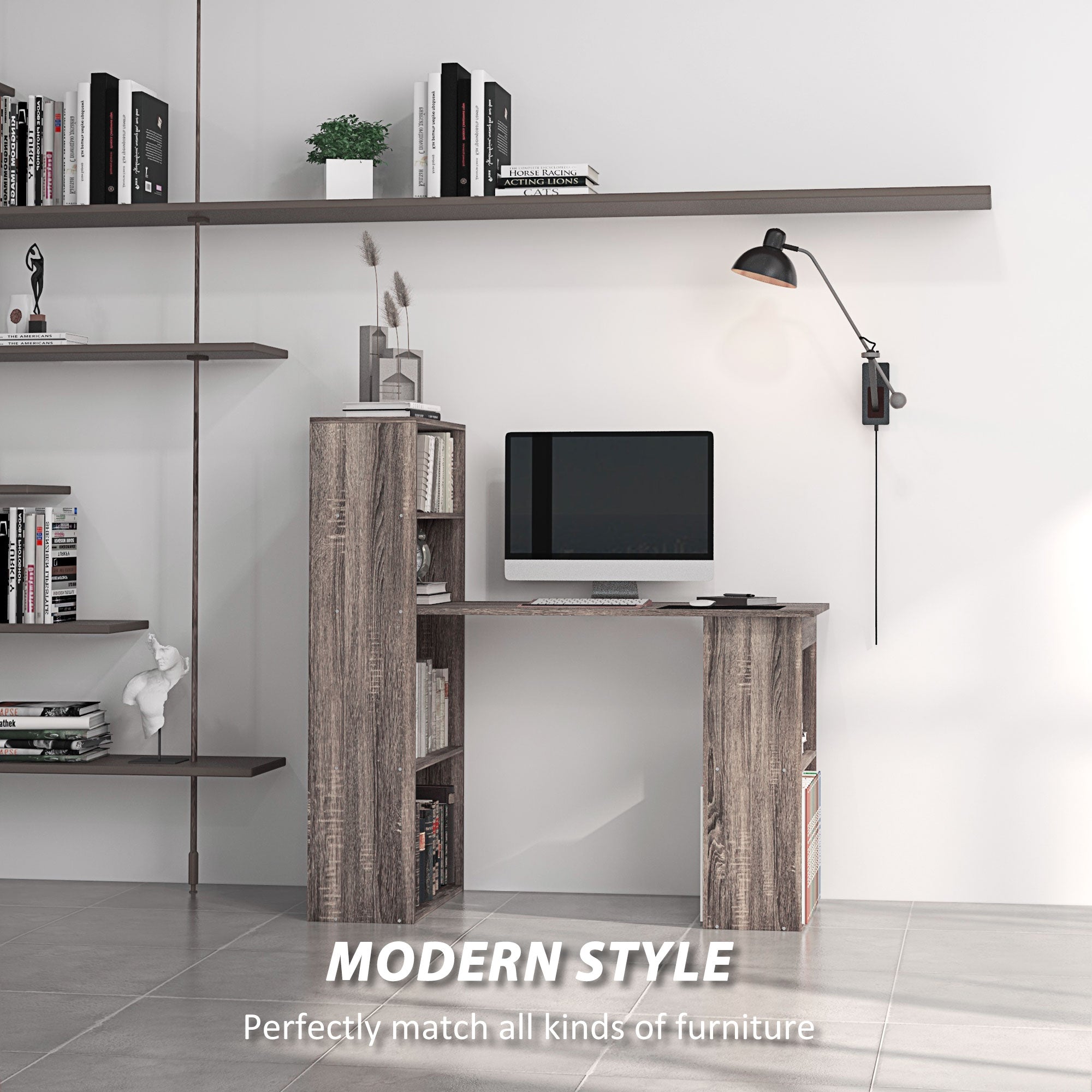 HOMCOM Modern Computer Desk with Storage Shelves, Writing Table Workstation with Bookshelf for Home Office, Grey