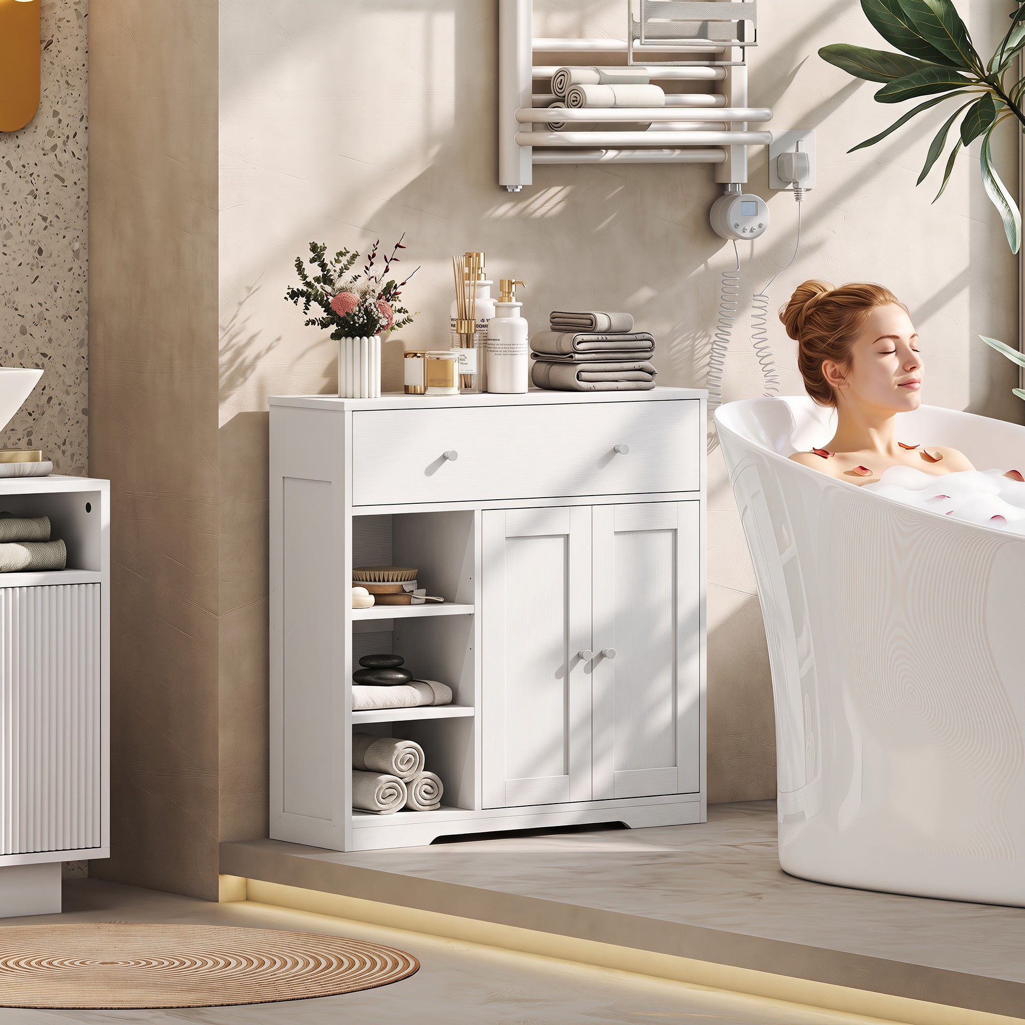 Bathroom Floor Cabinet, Freestanding Bathroom Cabinet with Drawer, Door, Open Shelves, for Bathroom, Bedroom and Living Room, White