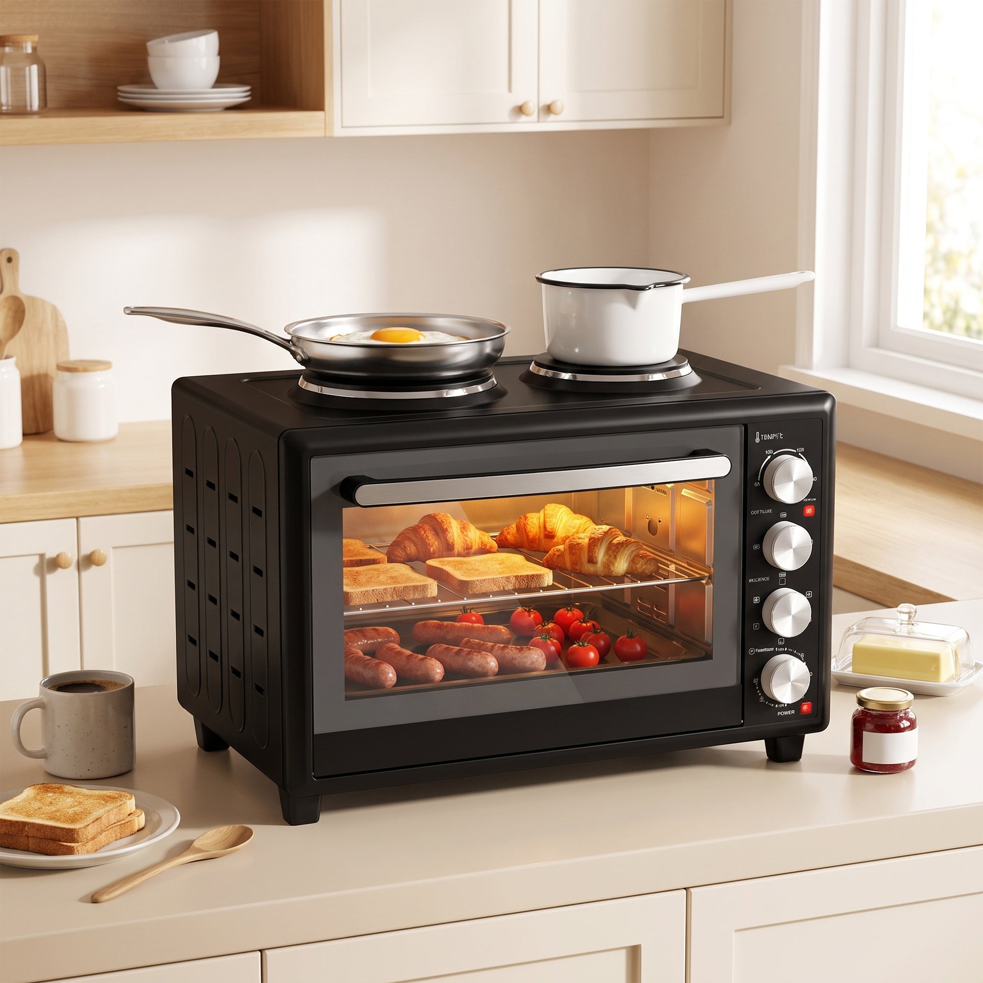 46L Mini Oven with Dual Hot Plates, Electric Countertop Cooker with Convection, 90–230°C Adjustable Temperature, 60 Minute Timer, Portable Oven with Wire Rack & Baking Tray, 1800W, Black