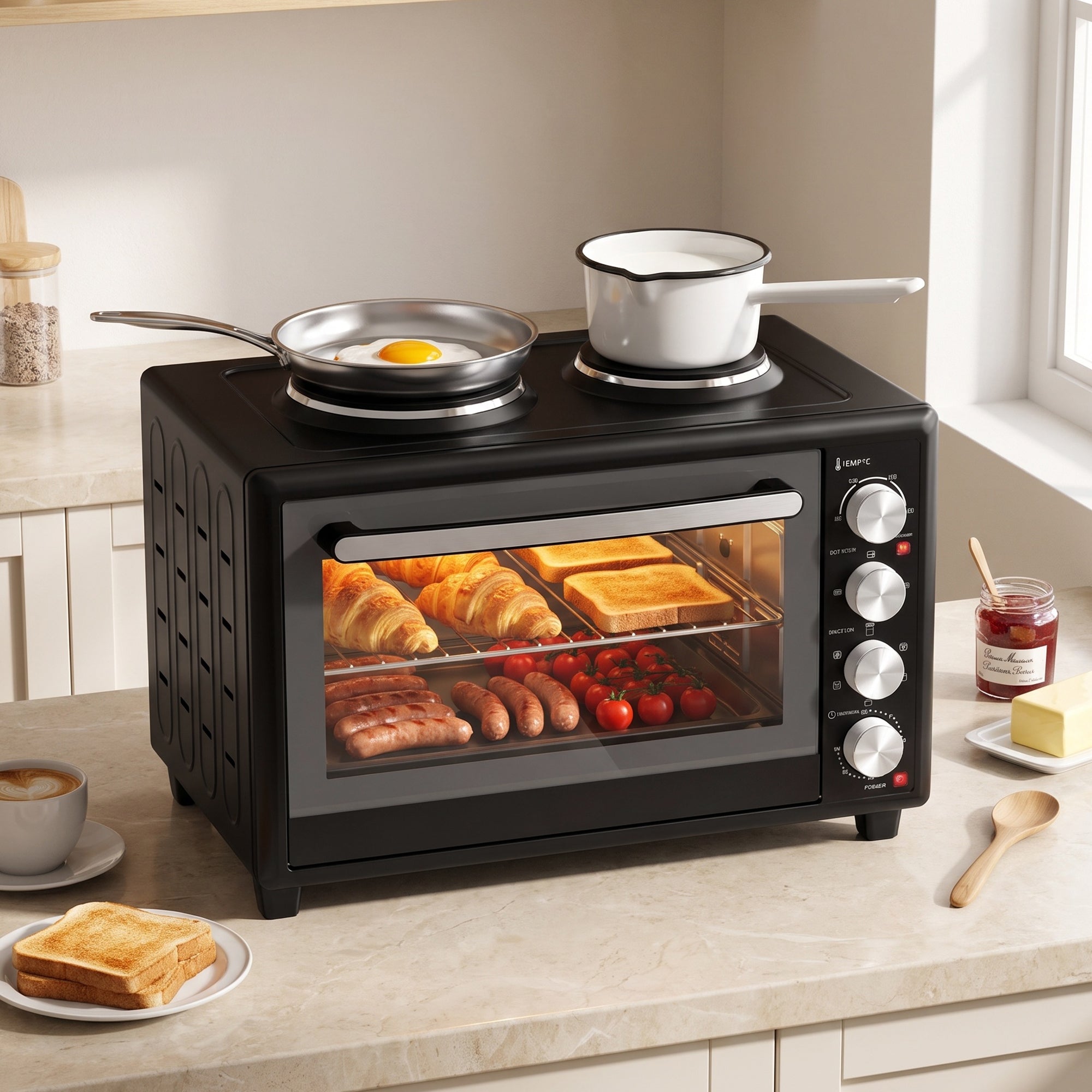 46L Mini Oven with Dual Hot Plates, Electric Countertop Cooker with Convection, 90–230°C Adjustable Temperature, 60 Minute Timer, Portable Oven with Wire Rack & Baking Tray, 1800W, Black