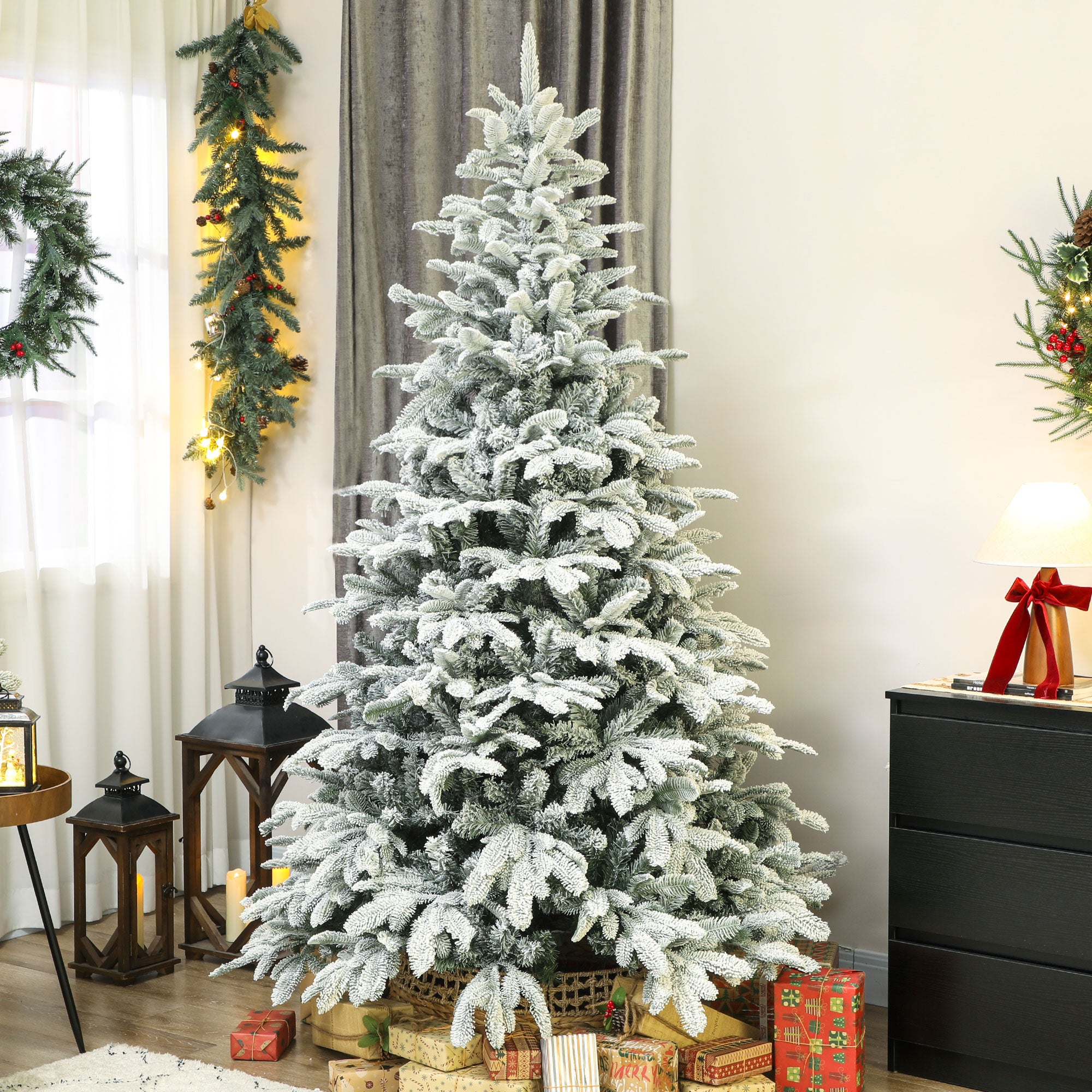 7 ft Artificial Flocked Christmas Tree with 1867 Branches, Hinged Xmas Tree with Foldable Metal Stand, Easy Assembly for Home Office Decor