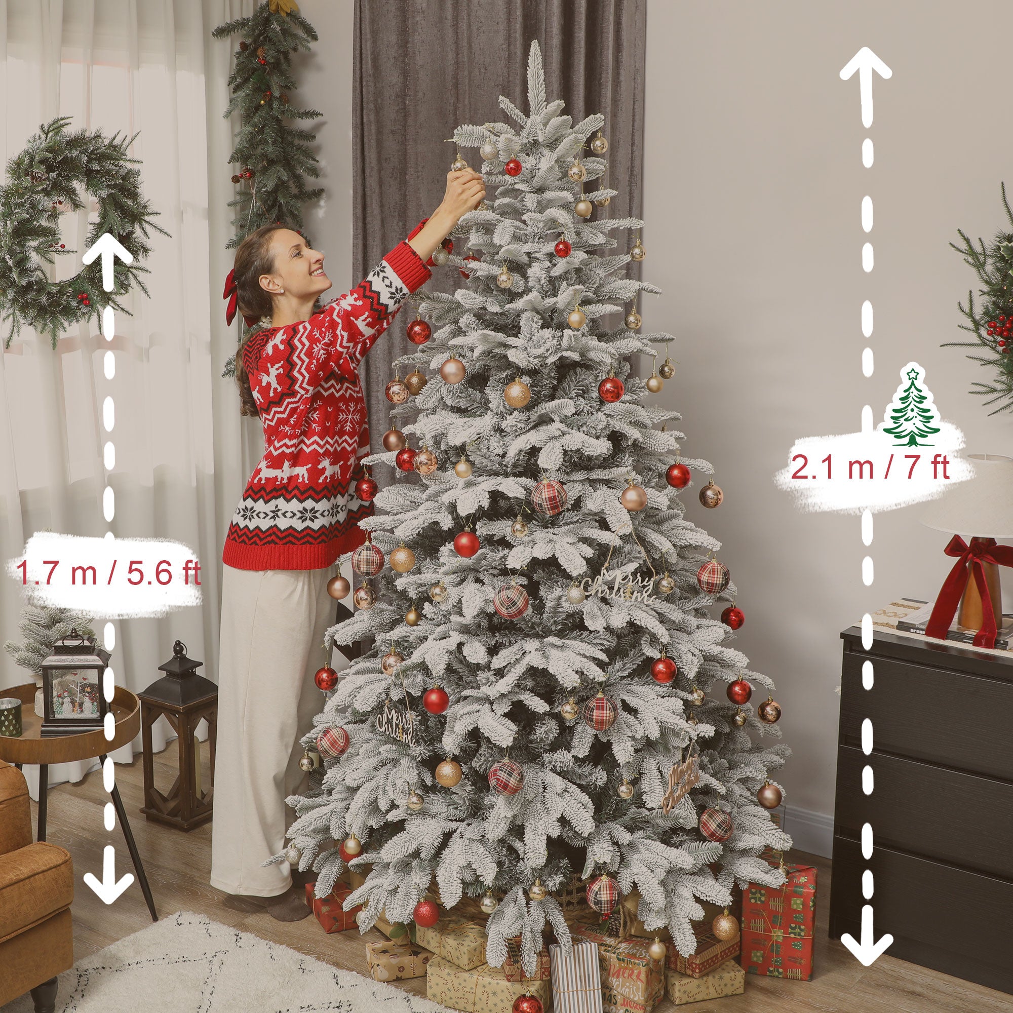7 ft Artificial Flocked Christmas Tree with 1867 Branches, Hinged Xmas Tree with Foldable Metal Stand, Easy Assembly for Home Office Decor