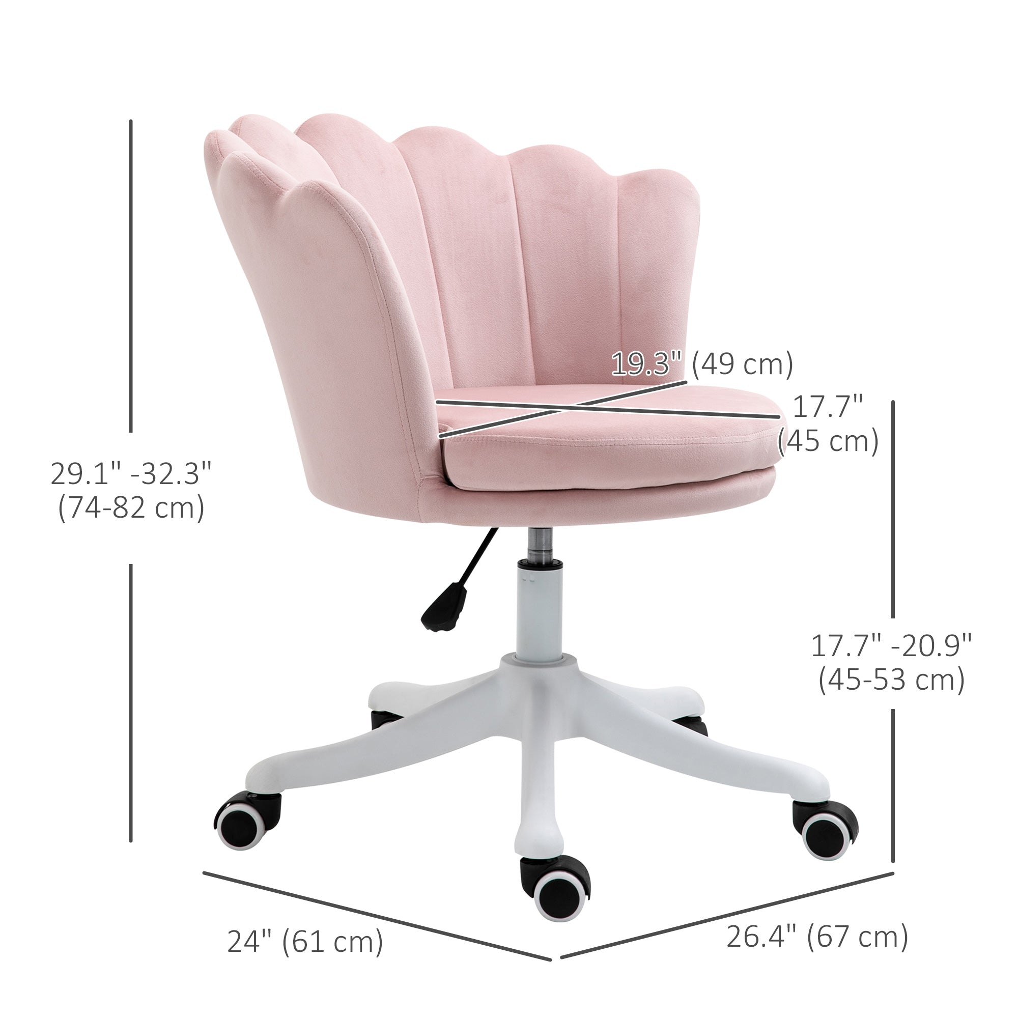 HOMCOM Mid Back Berber Fleece Office Chair, Adjustable Height Study Chair, Vanity Chair with Swivel Wheels for Living Room, Study, Pink