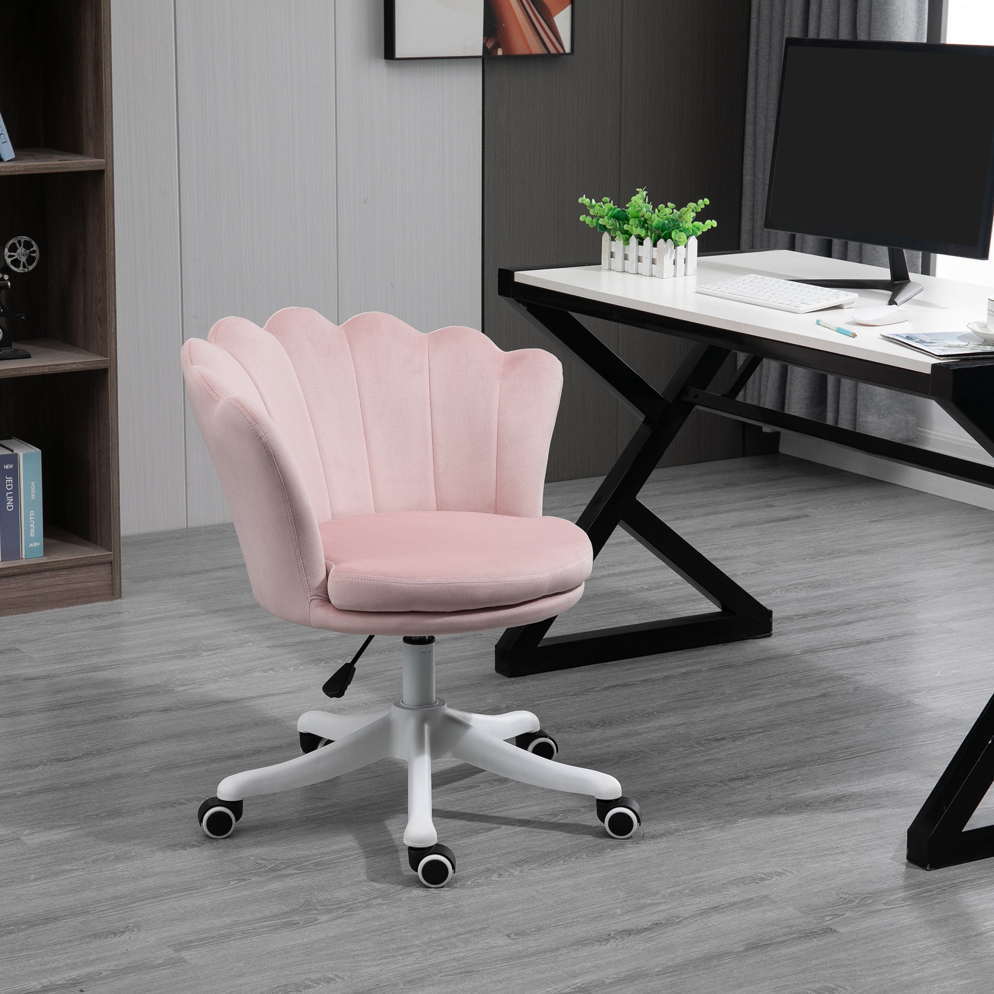 HOMCOM Mid Back Berber Fleece Office Chair, Adjustable Height Study Chair, Vanity Chair with Swivel Wheels for Living Room, Study, Pink