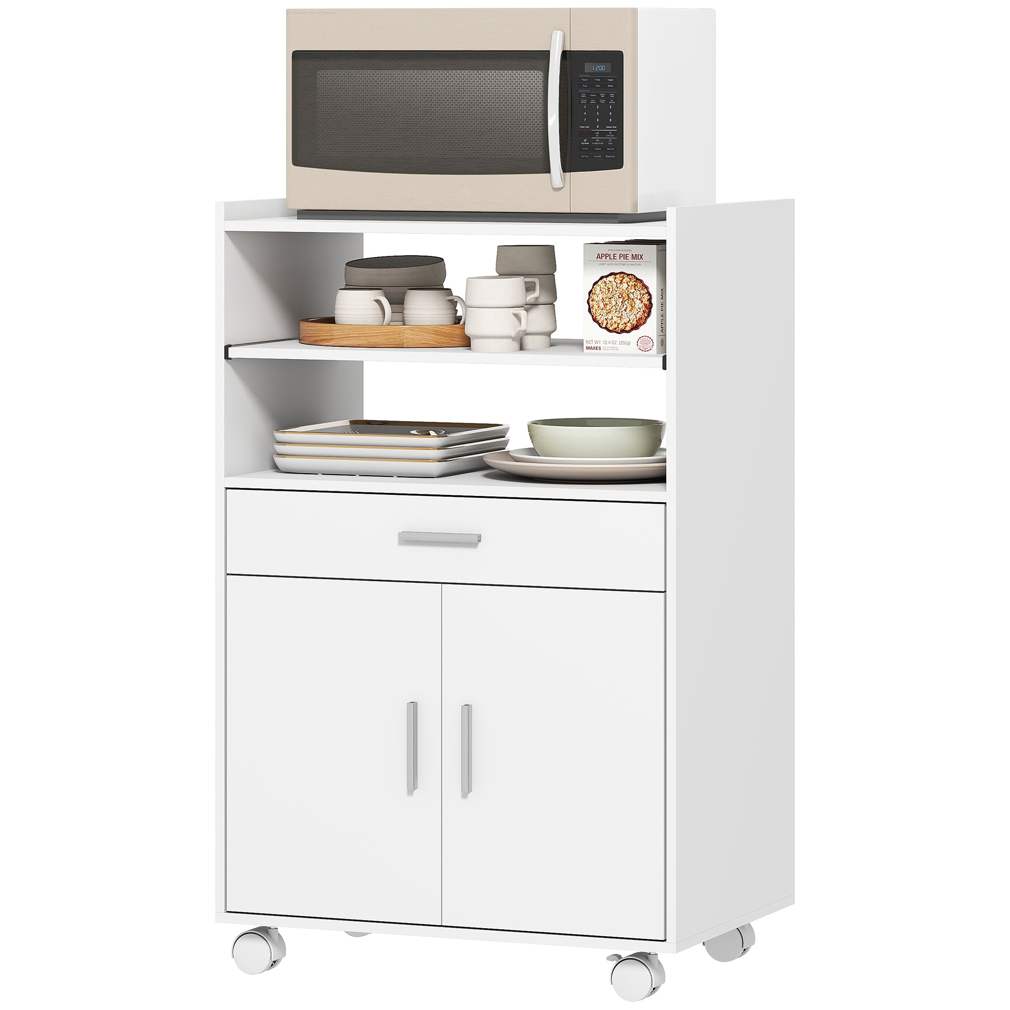 Kitchen Trolley with Wheels, Modern Mobile Microwave Stand with Slide-Out Shelf, Drawer and 2 Doors for Dining Room, 59 x 40 x 92 cm, White