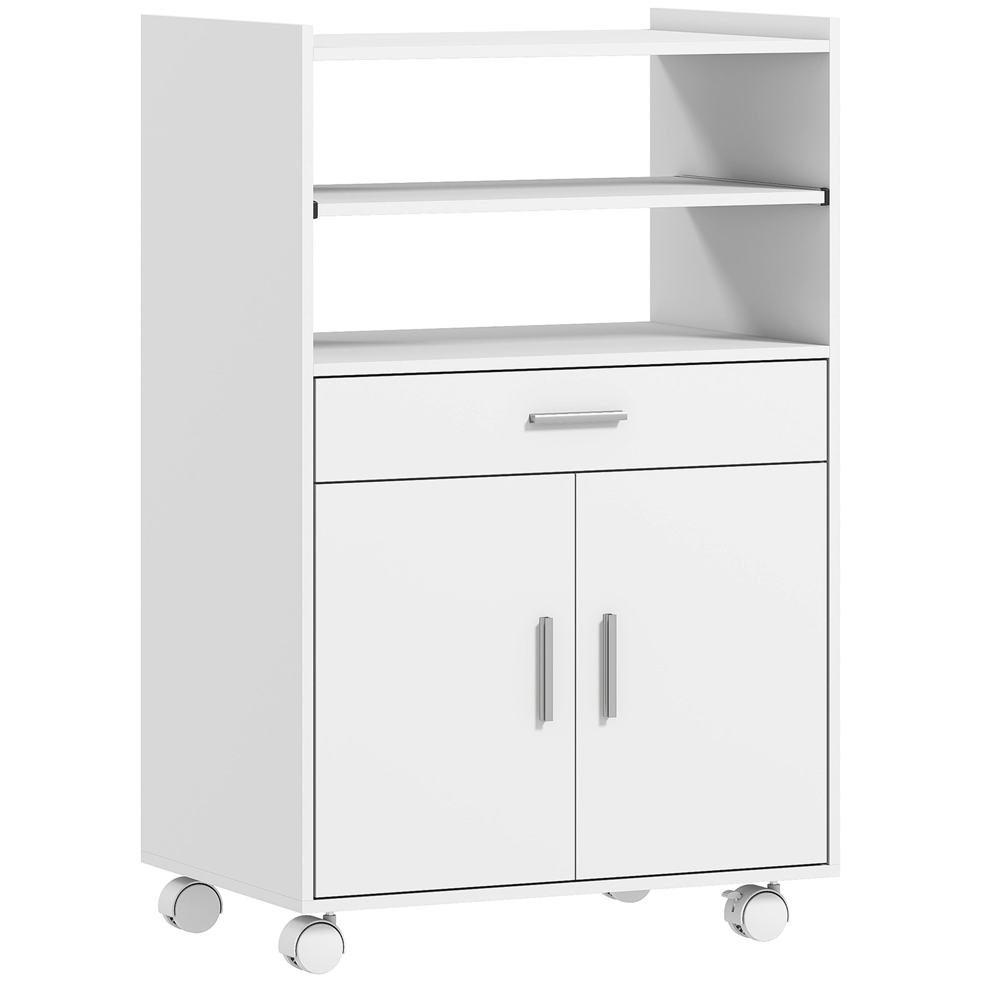 Microwave Cart with Wheels, Microwave Stand with Worktop, Open Shelves and Drawer, Storage Cabinet, White