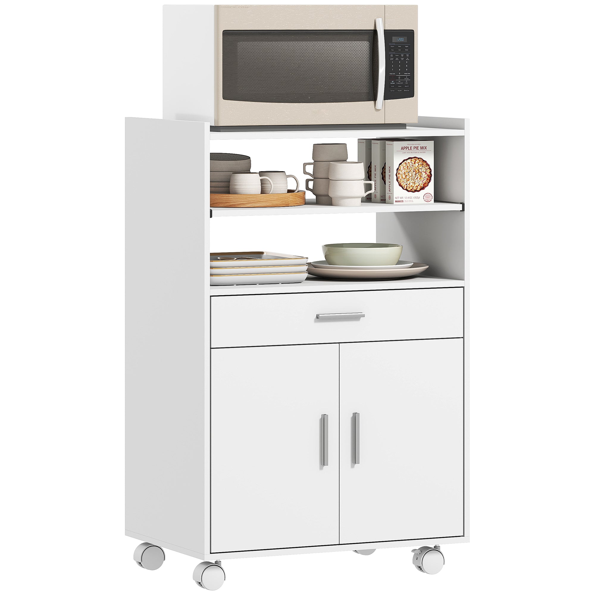 Microwave Cart with Wheels, Microwave Stand with Worktop, Open Shelves and Drawer, Storage Cabinet, White