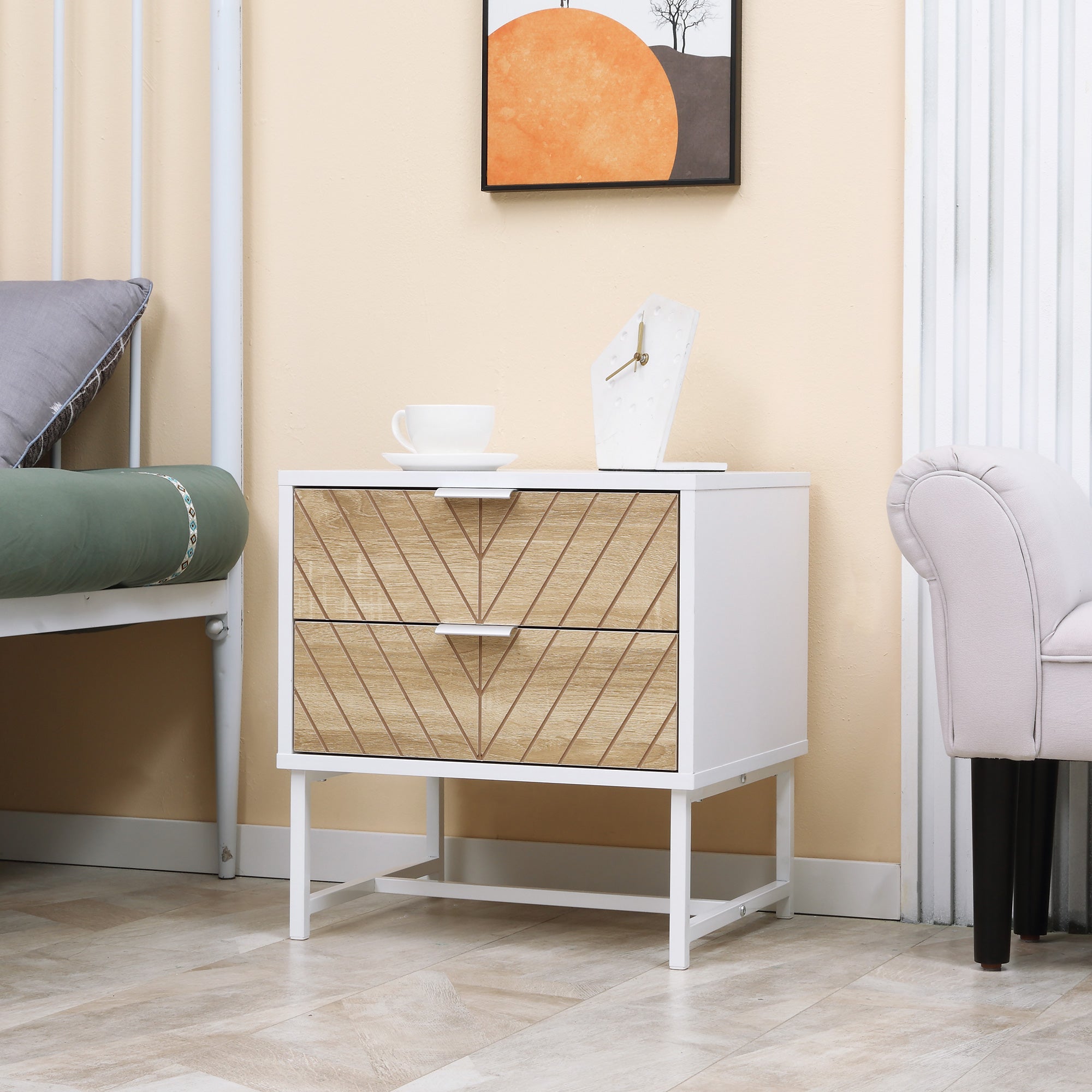 HOMCOM Modern Bedside Table with 2 Drawers, Nightstand with Metal Base, Sofa End Table for Bedroom, White