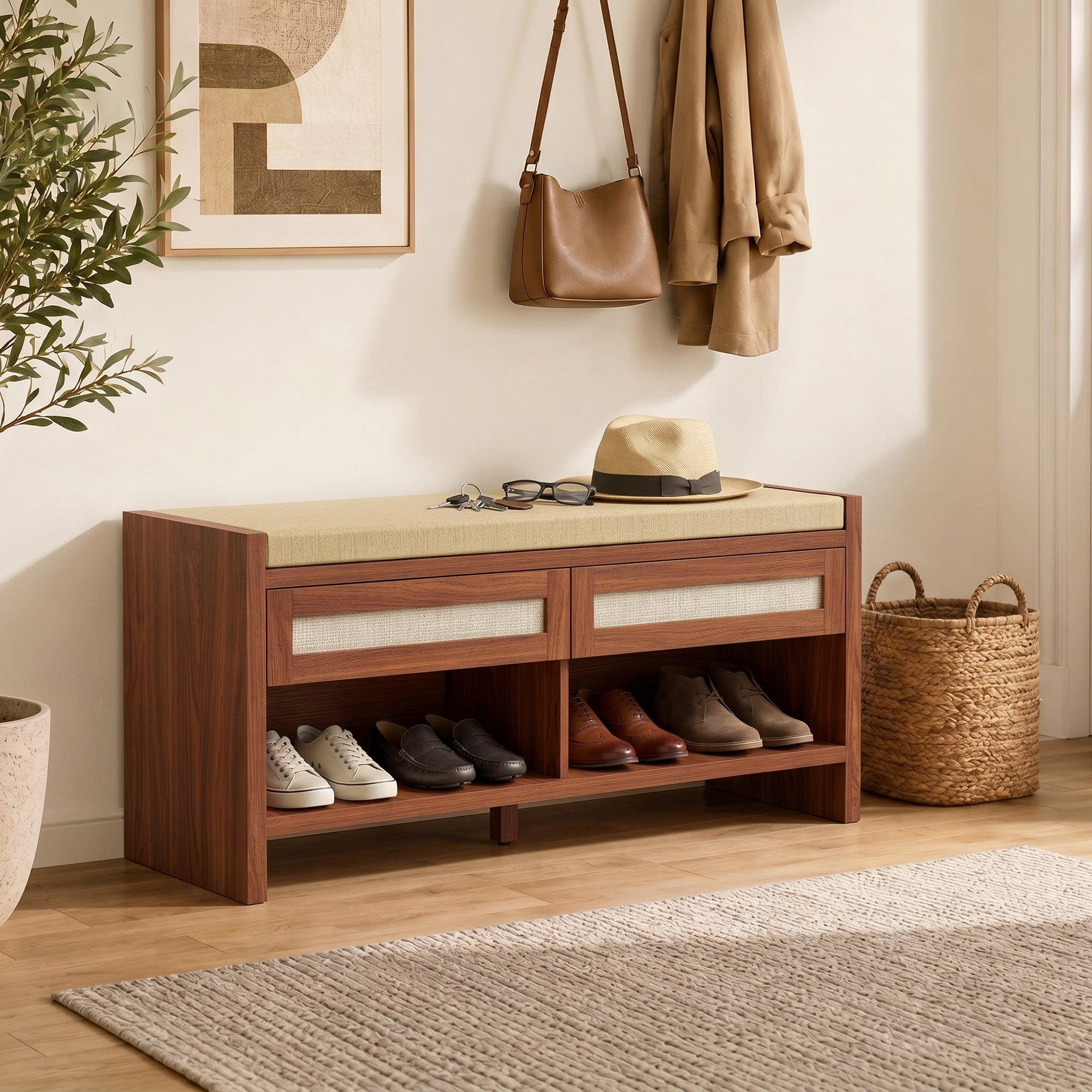 Shoe Bench with 2 Rattan Drawers, Boho Shoe Storage Bench with Linen-Look Cushioned Seat and Open Shelf, for Entryway, Living Room, Bedroom, 108 x 35 x 50 cm, Brown
