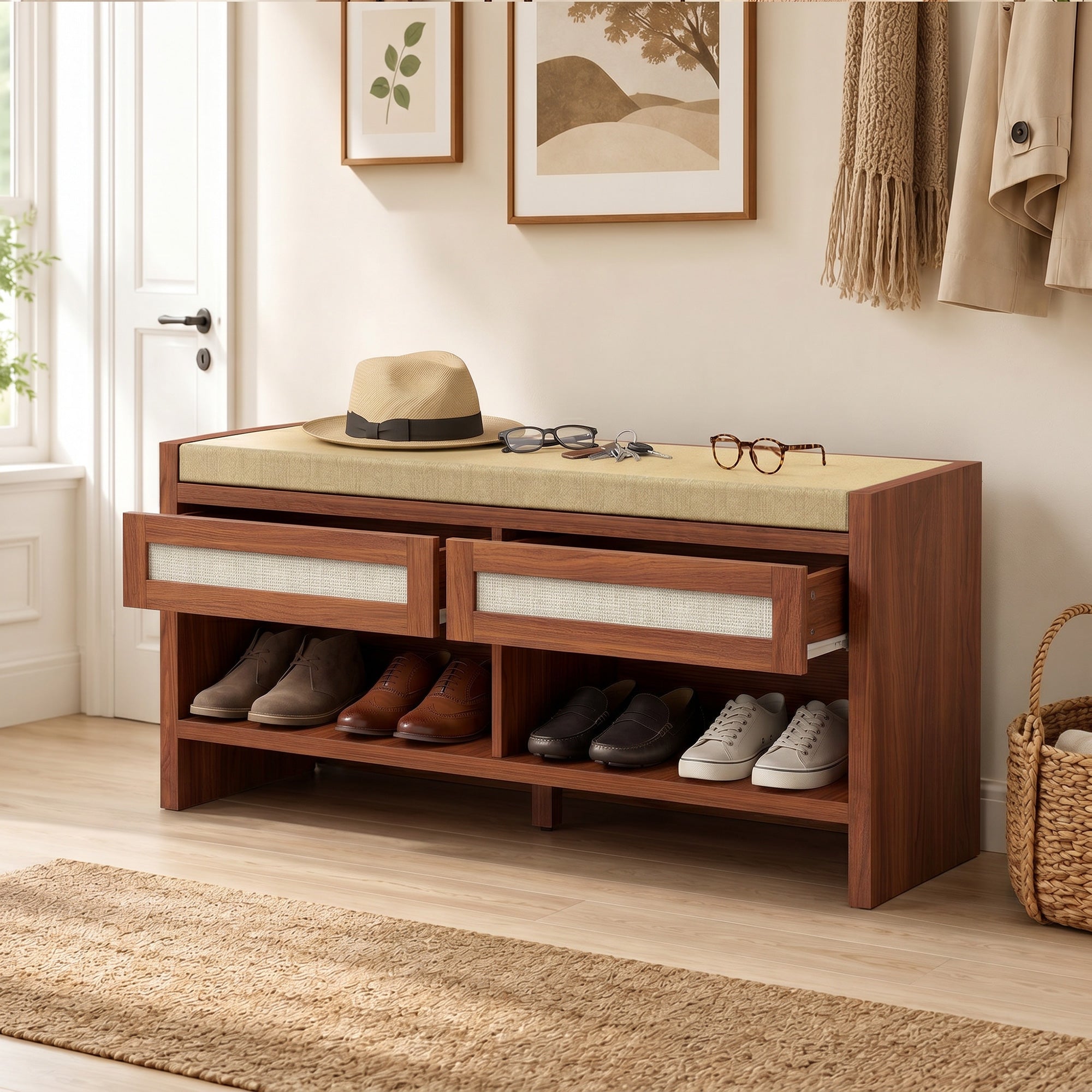 Shoe Bench with 2 Rattan Drawers, Boho Shoe Storage Bench with Linen-Look Cushioned Seat and Open Shelf, for Entryway, Living Room, Bedroom, 108 x 35 x 50 cm, Brown