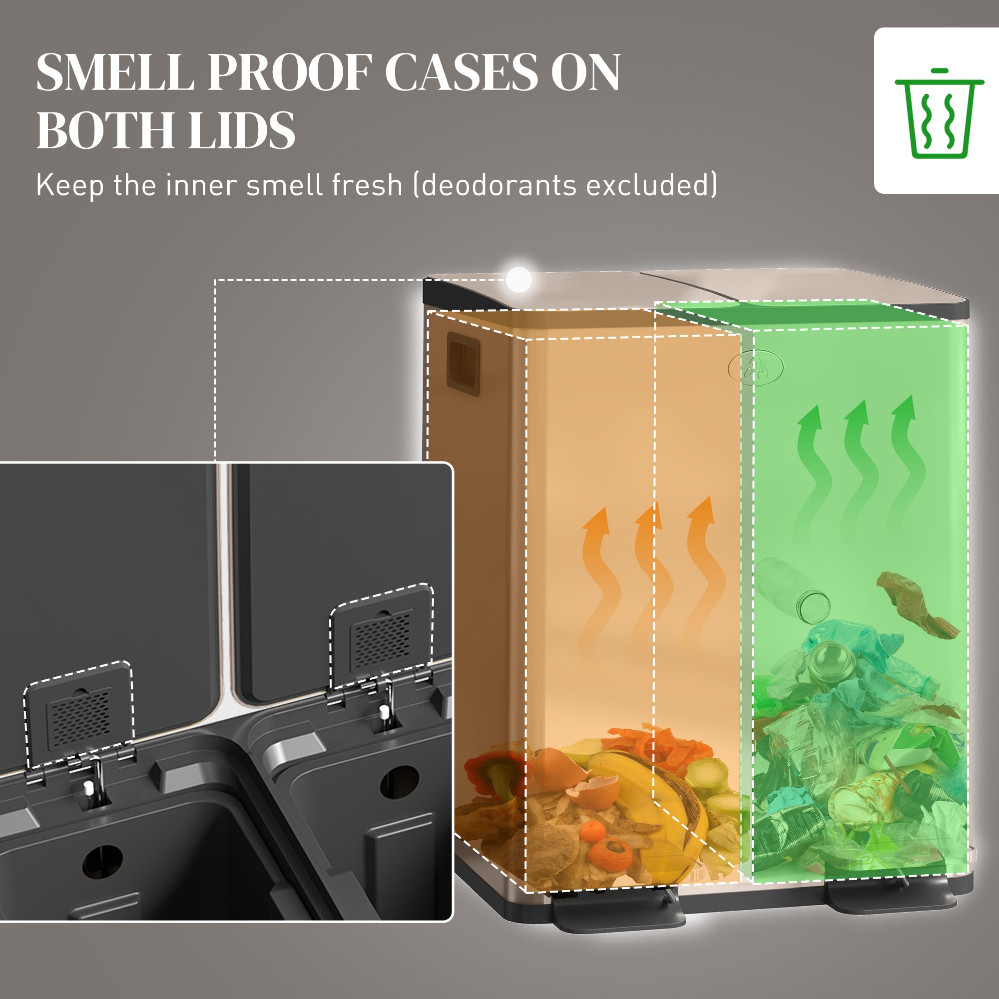 HOMCOM Dual Kitchen Bin, 2 x 20L Pedal Bin, Stainless Steel Double Rubbish Bin with Soft Close Lid, Removable Inner Buckets, Fingerprint-Proof for Recycling and Waste, Gold Tone