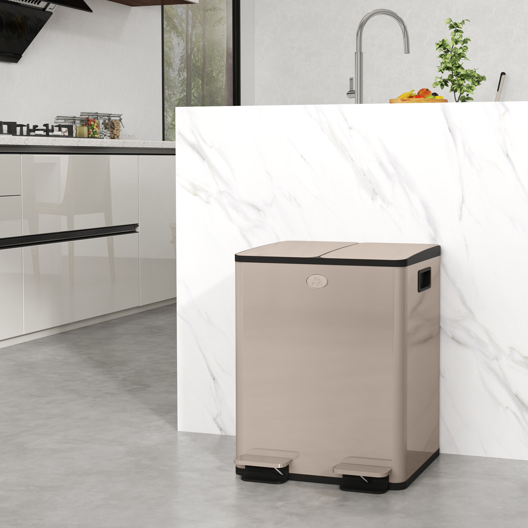 HOMCOM Dual Kitchen Bin, 2 x 20L Pedal Bin, Stainless Steel Double Rubbish Bin with Soft Close Lid, Removable Inner Buckets, Fingerprint-Proof for Recycling and Waste, Gold Tone
