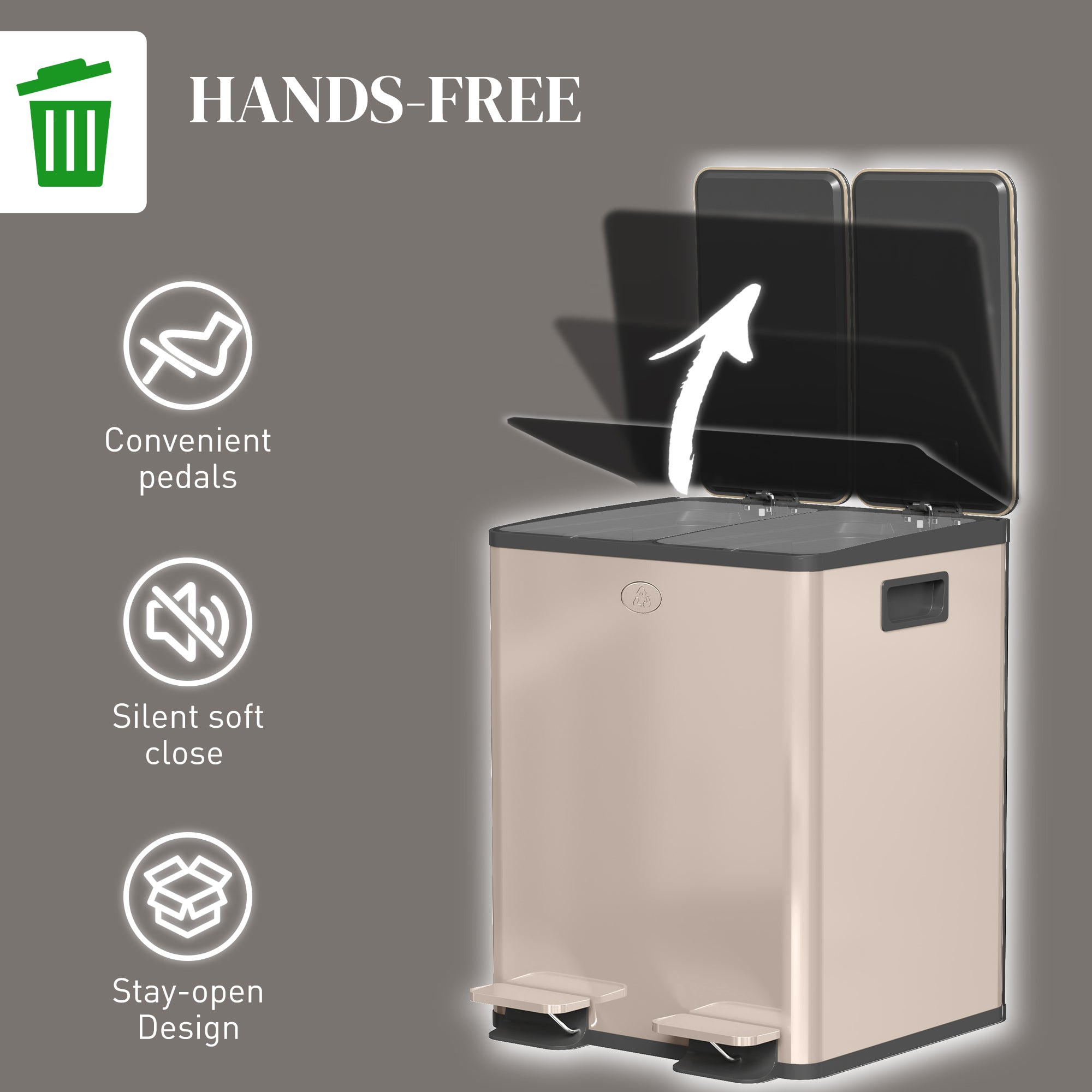 HOMCOM Dual Kitchen Bin, 2 x 20L Pedal Bin, Stainless Steel Double Rubbish Bin with Soft Close Lid, Removable Inner Buckets, Fingerprint-Proof for Recycling and Waste, Gold Tone