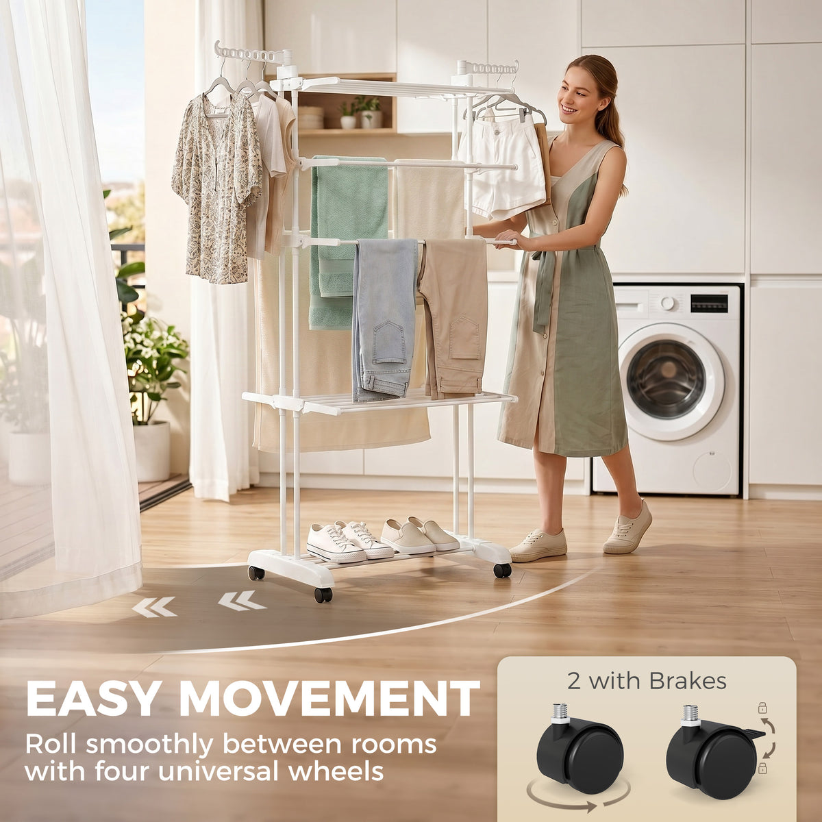 5-Tier Adjustable Clothes Drying Rack, Foldable Laundry Drying Rack with Wheels, Side Wings, Clothes Hanger for Indoor Outdoor Use, 28.7" x 25.2" x 67.7", White
