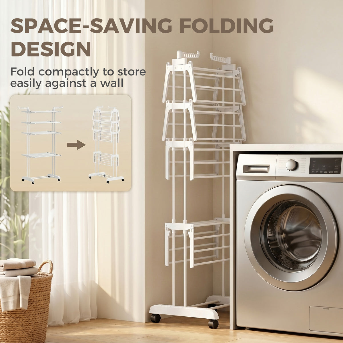 5-Tier Adjustable Clothes Drying Rack, Foldable Laundry Drying Rack with Wheels, Side Wings, Clothes Hanger for Indoor Outdoor Use, 28.7" x 25.2" x 67.7", White