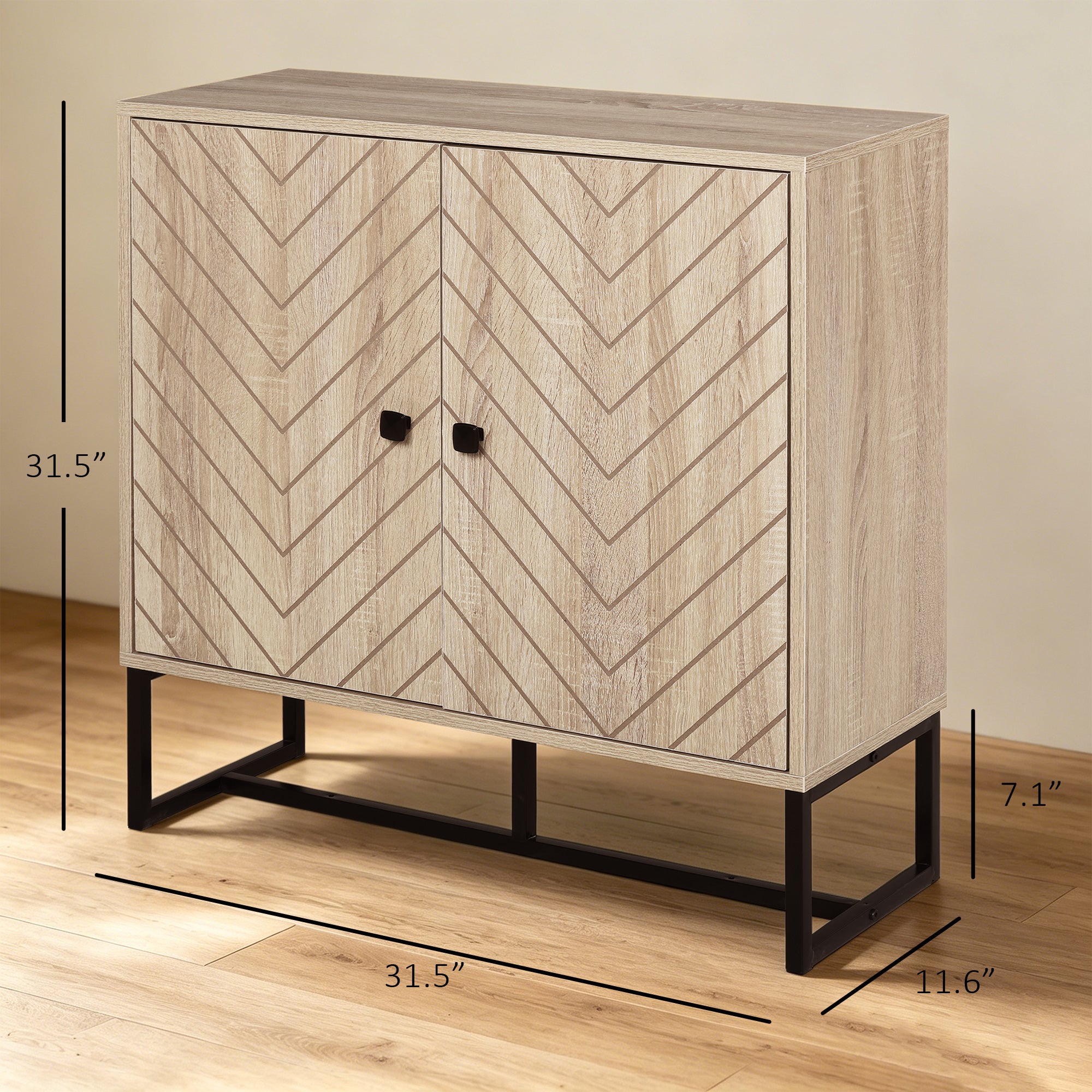 Modern Sideboard, 31.5" Buffet Cabinet with Adjustable Shelf, Coffee Bar Cabinet with Steel Base and 2 Chevron Doors, Natural Wood