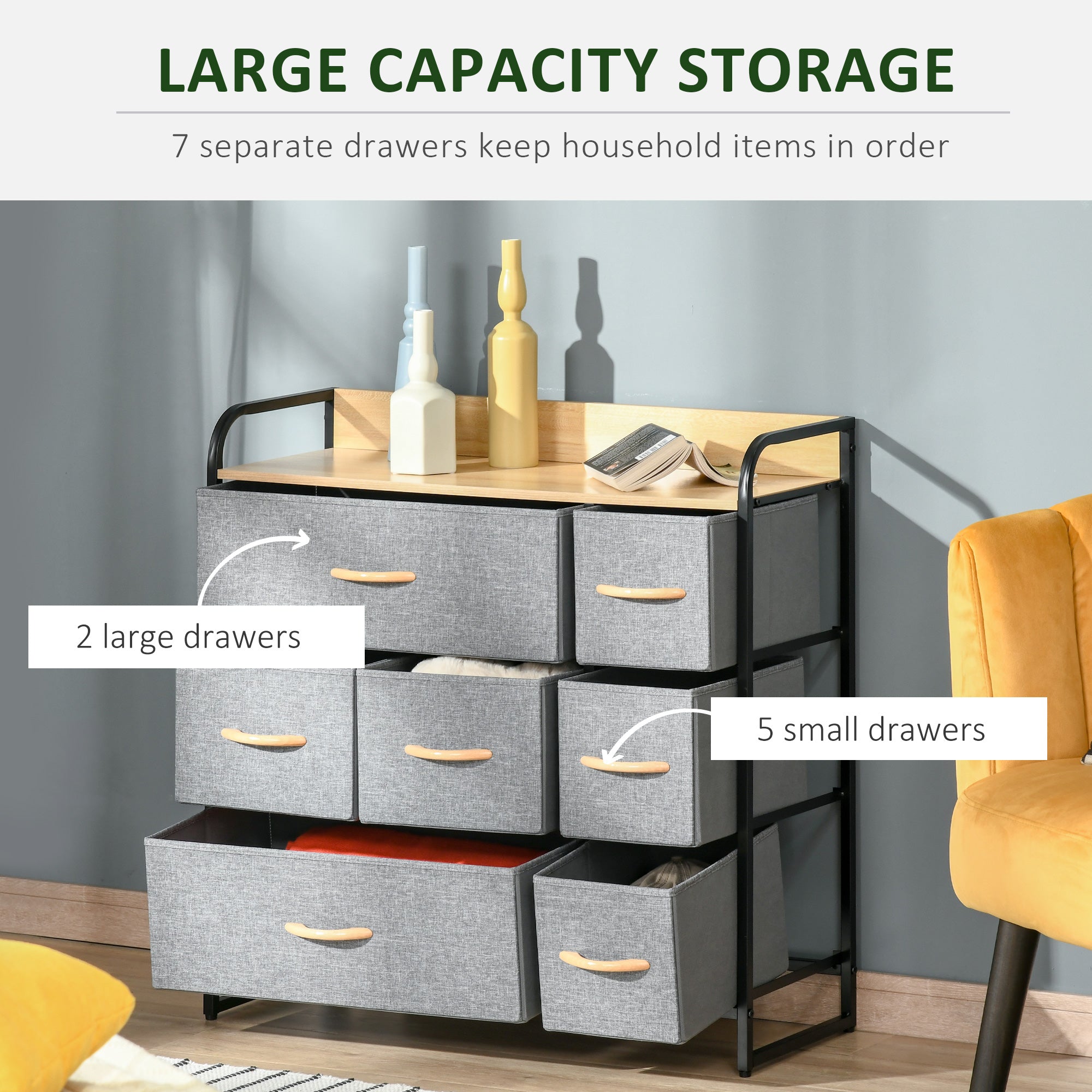 3 Tier Storage Organizer for Bedroom Entryway 7 Drawer Dresser with Steel Frame Light Gray