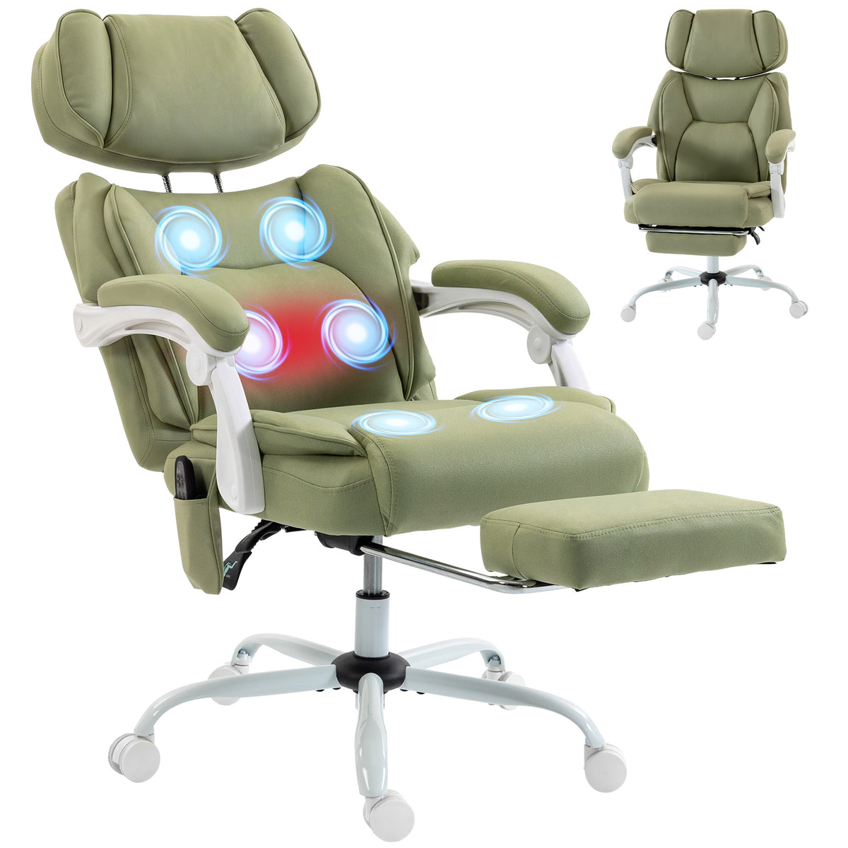 Office Chair with 6-Point Vibration Massage and Heat, Leathaire Upholstered Computer Desk Chair with Adjustable Headrest, Footrest, Linkage Armrests, Reclining, Remote, Lime Green