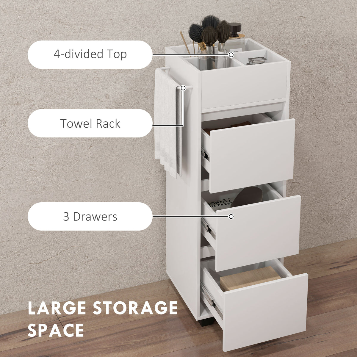Slim Bathroom Cabinet, Bathroom Storage Cabinet with 4 Top Compartments, 3 Drawers & Towel Rack for Narrow Spaces, White