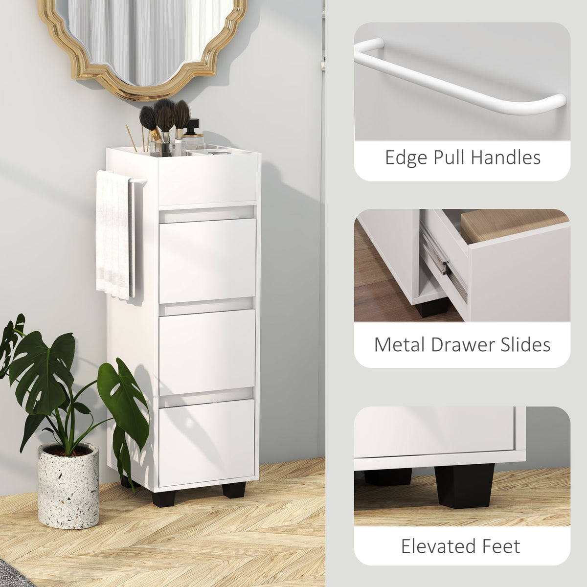 Slim Bathroom Cabinet, Bathroom Storage Cabinet with 4 Top Compartments, 3 Drawers & Towel Rack for Narrow Spaces, White