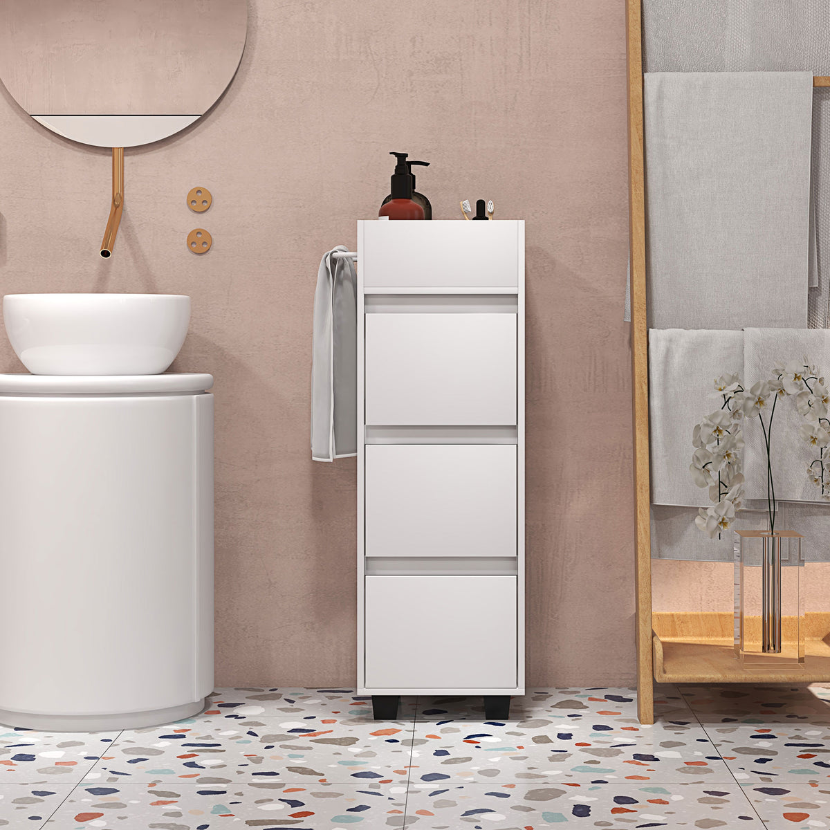 Slim Bathroom Cabinet, Bathroom Storage Cabinet with 4 Top Compartments, 3 Drawers & Towel Rack for Narrow Spaces, White