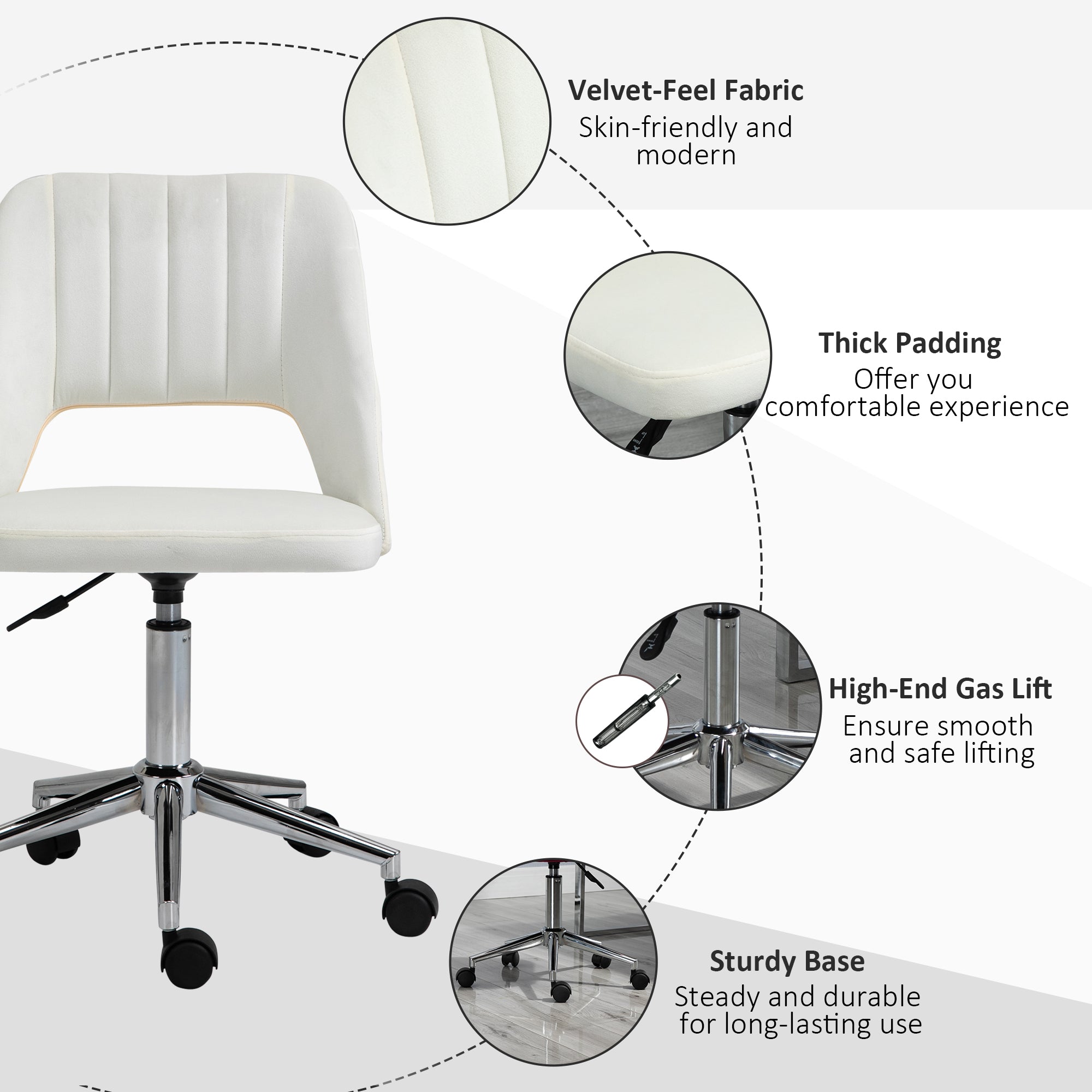 Vinsetto Home Office Desk Chair, Height Adjustable Computer Task Chair, Modern Fabric Makeup Vanity Chair with Swivel Wheels, Cream White