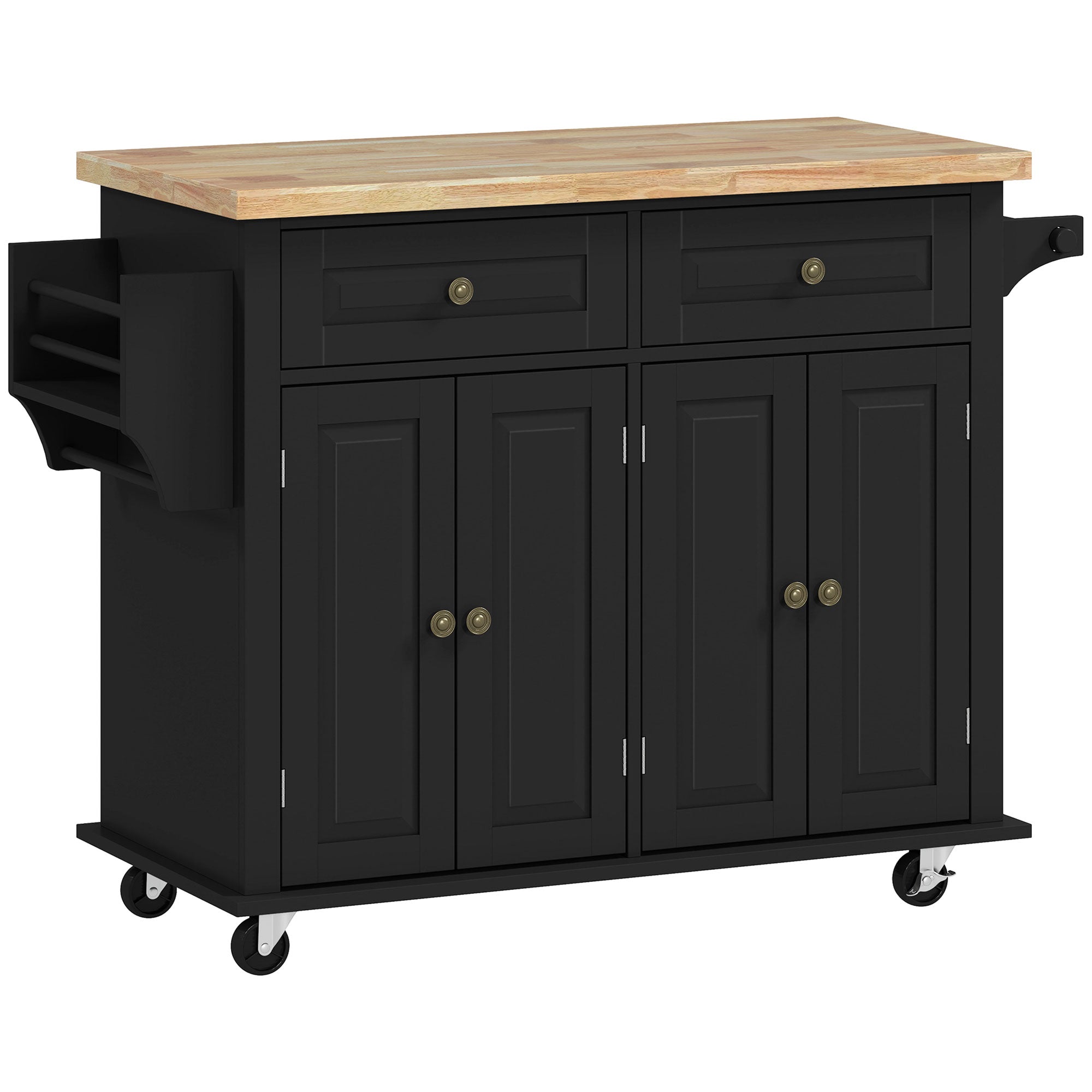 GlideSpace Rolling Kitchen Island Storage Trolley with Rubber Wood Top & Drawers for Dining Room, Black - HOMCOM