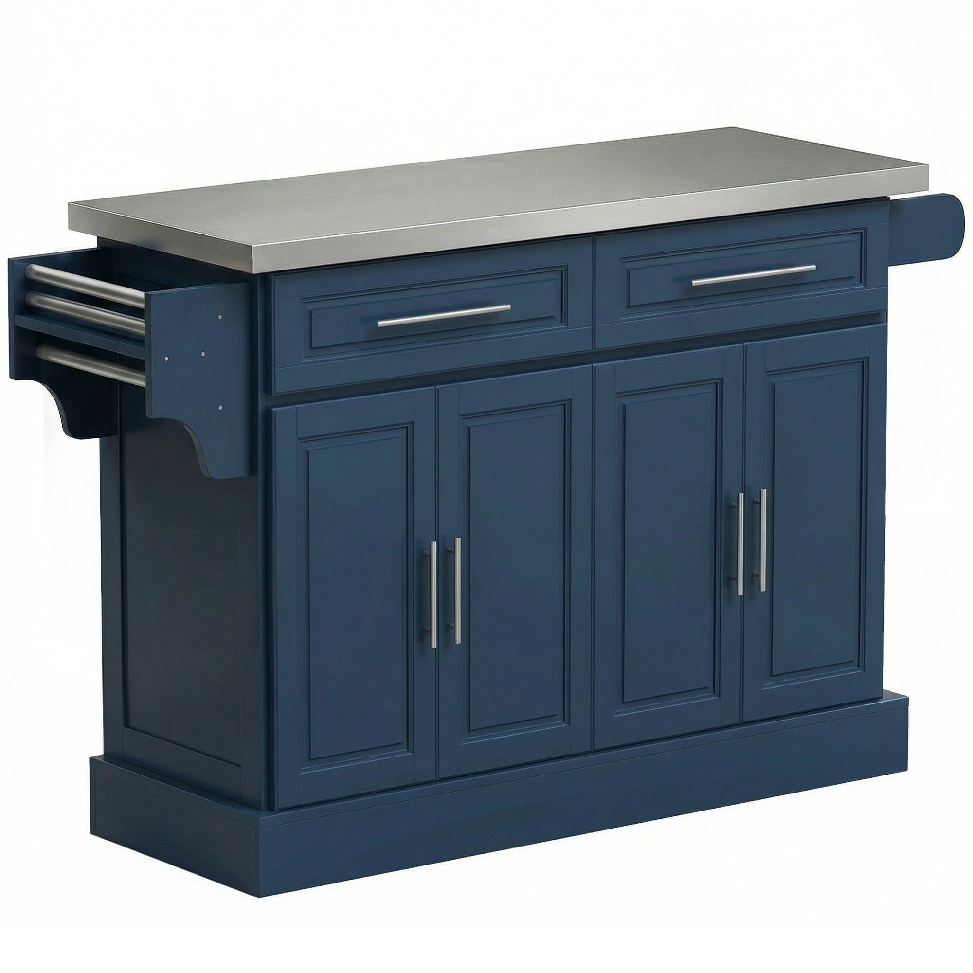 Rolling Kitchen Island with Stainless Steel Top 2 Drawers Spice Knife and Towel Rack Navy - HOMCOM