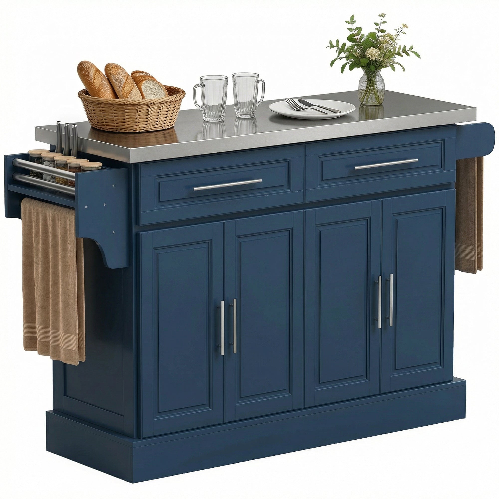Rolling Kitchen Island with Stainless Steel Top 2 Drawers Spice Knife and Towel Rack Navy - HOMCOM