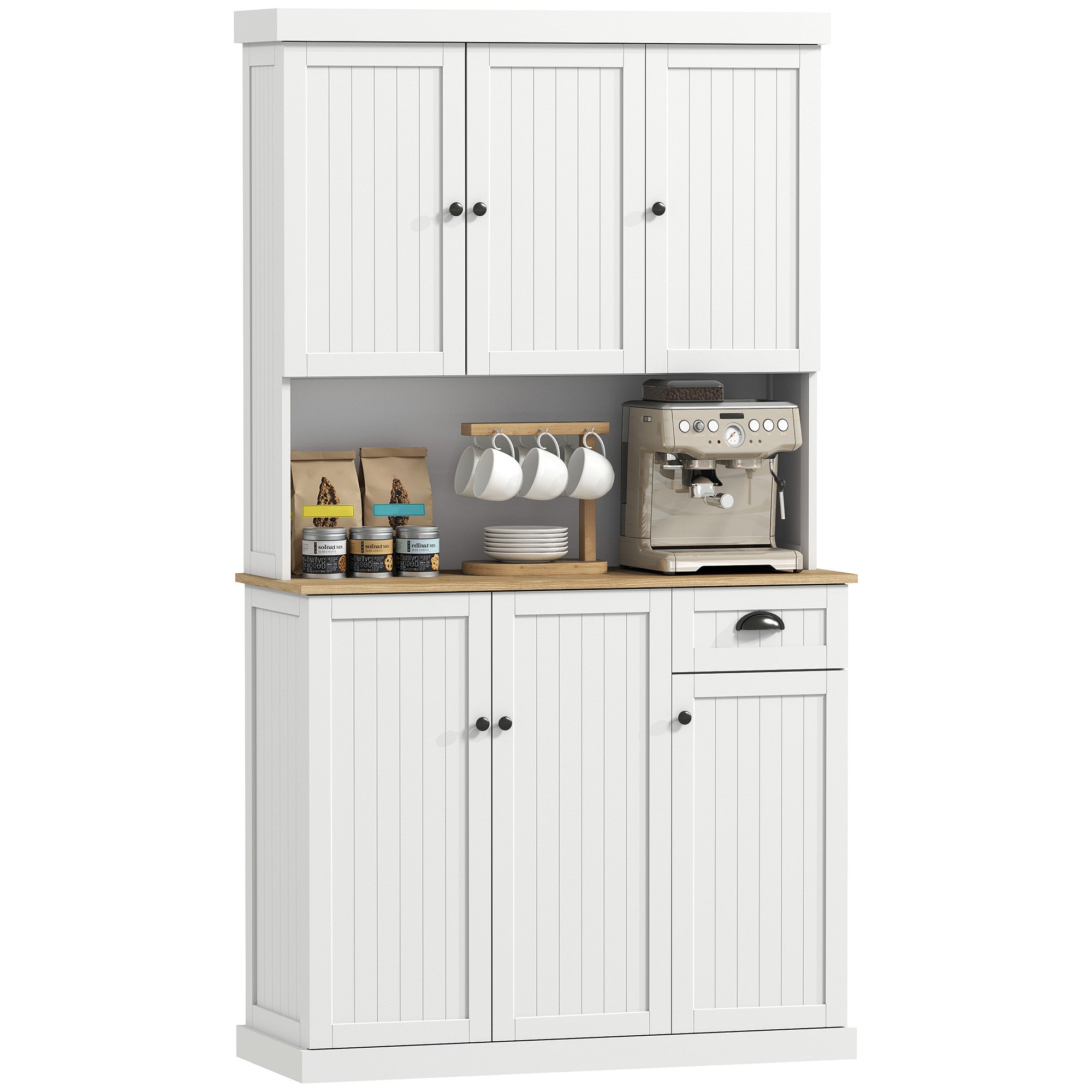Modern Kitchen Cupboard with 6 Doors with Countertop, Drawer, Adjustable Shelves, White