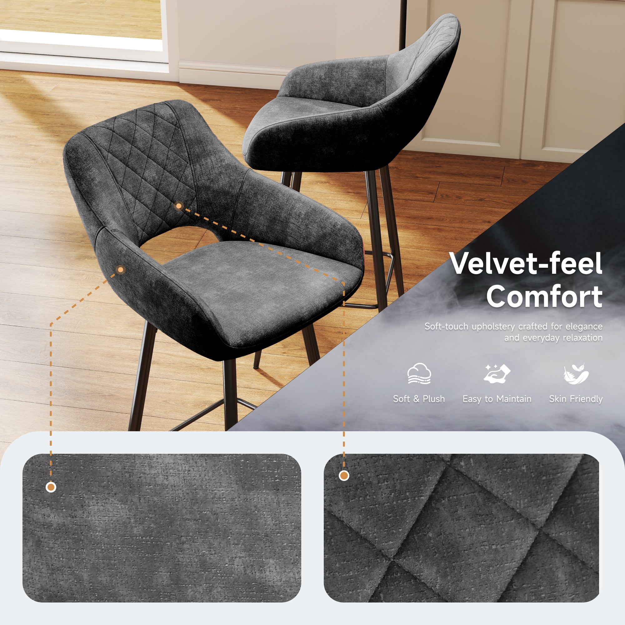Aura Velvet Bar Stools Set of 2, Velvet-feel Fabric Counter Height Chairs with Steel Legs, Dark Grey - HOMCOM