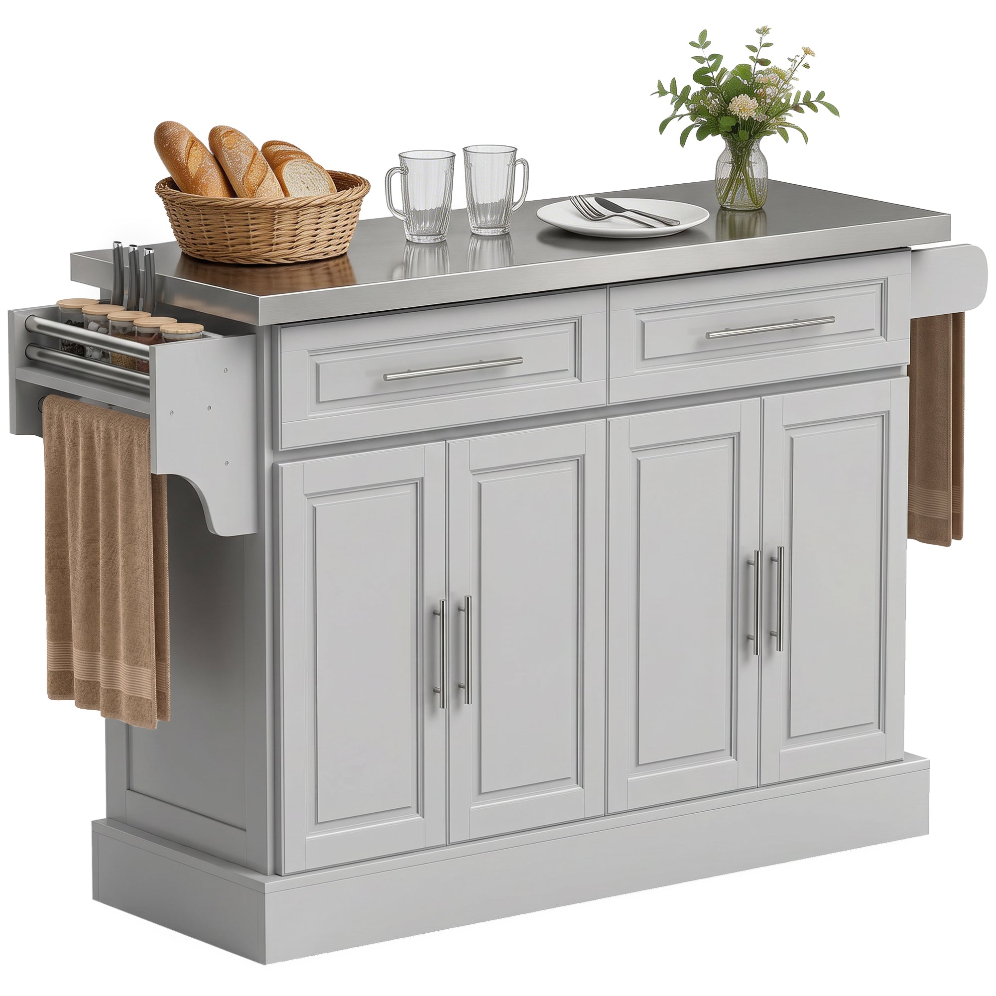 Rolling Kitchen Island with Storage Portable Cart with Stainless Steel Top 2 Drawers Gray