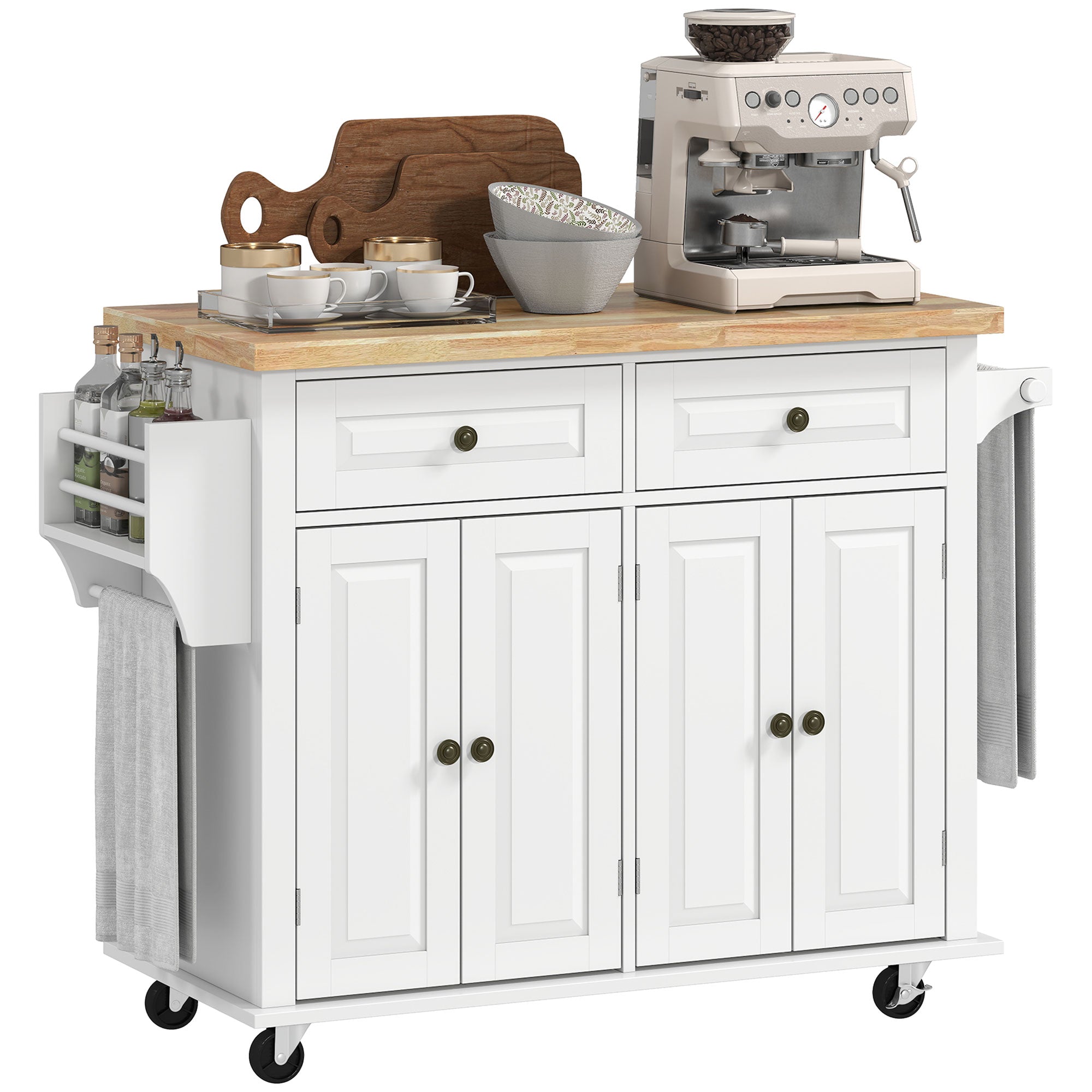 GlideSpace Rolling Kitchen Microwave Island with Flexible Storage Shelf Unit and Drawers - HOMCOM