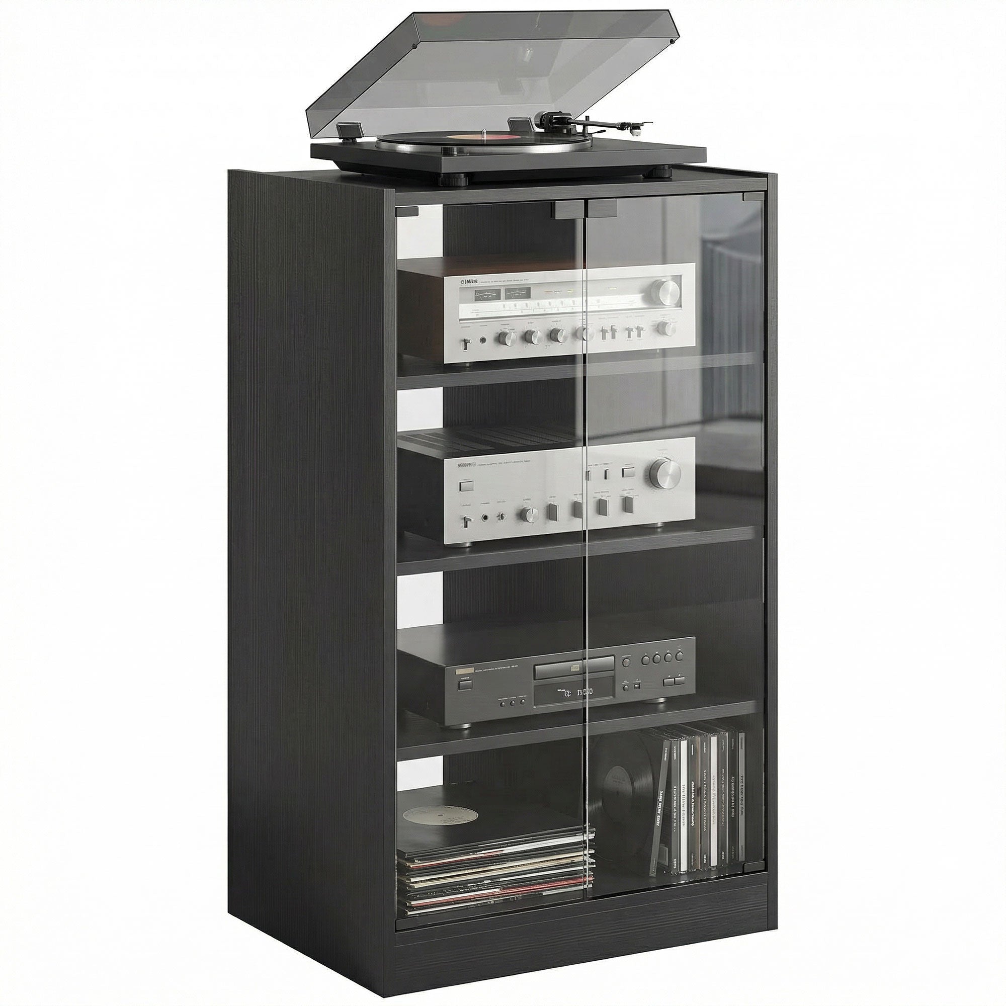 4-Tier Media Cabinet Stand w/ Adjustable Shelves & Cable Management, Distressed Black