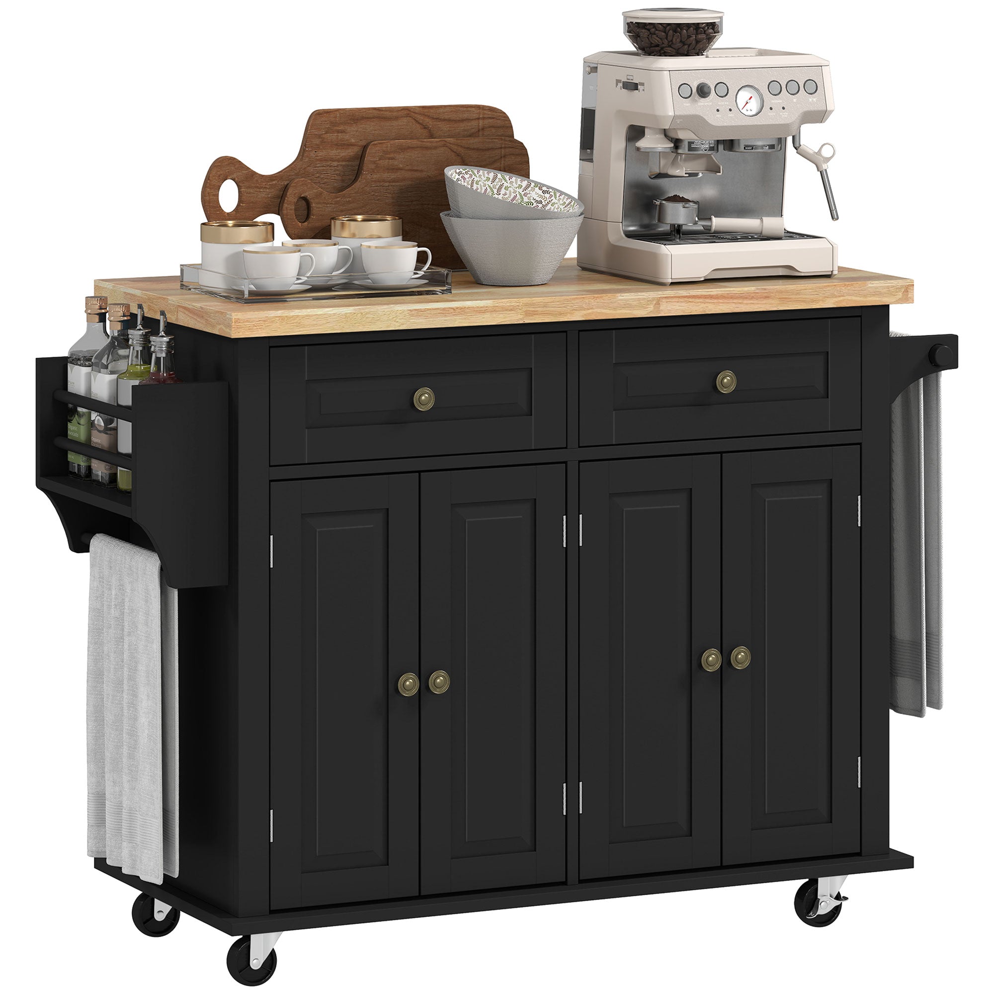 GlideSpace Rolling Kitchen Island Storage Trolley with Rubber Wood Top & Drawers for Dining Room, Black - HOMCOM