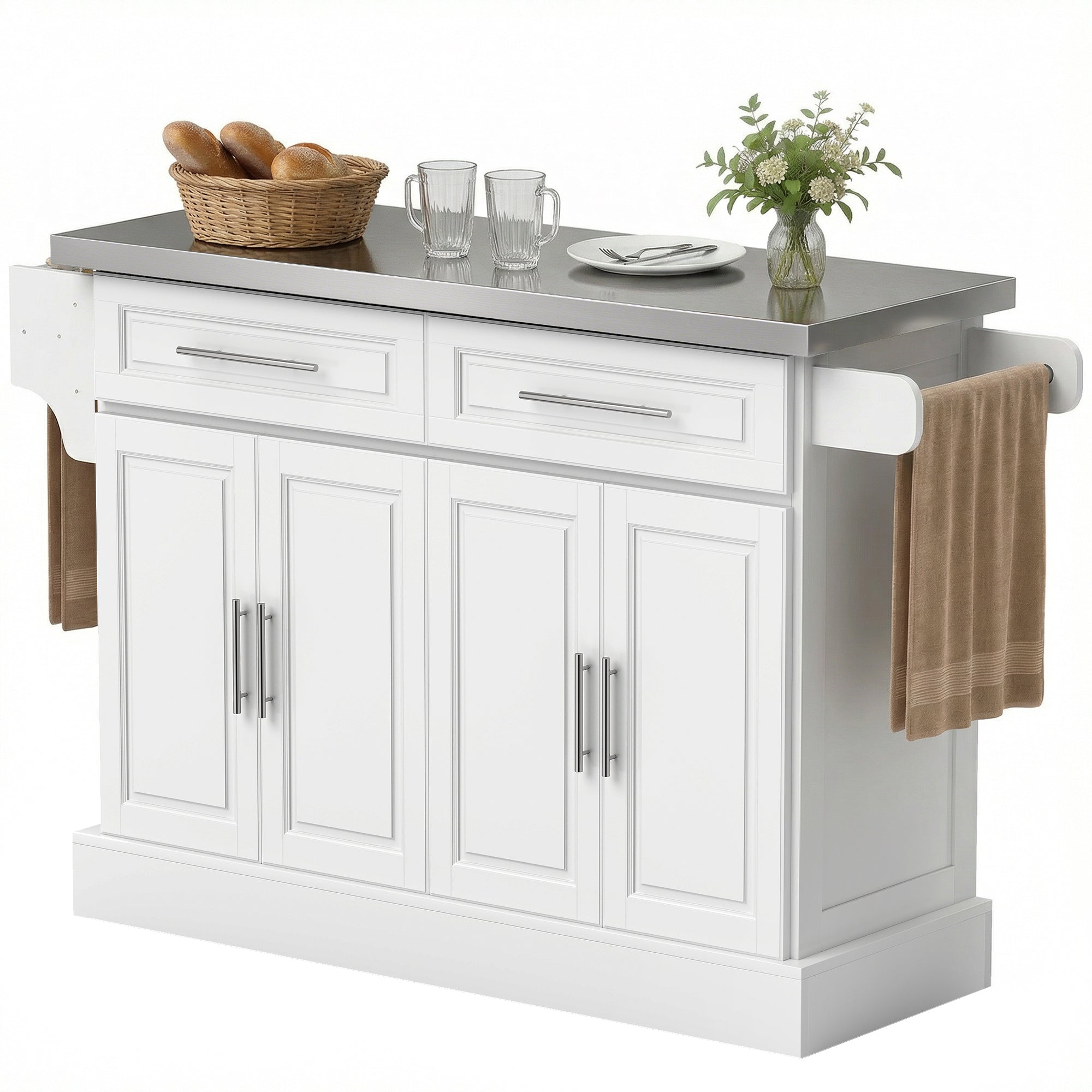 Rolling Stainless Steel Counter Kitchen Cart Storage Cabinet w/ Drawers & Rack, White - HOMCOM