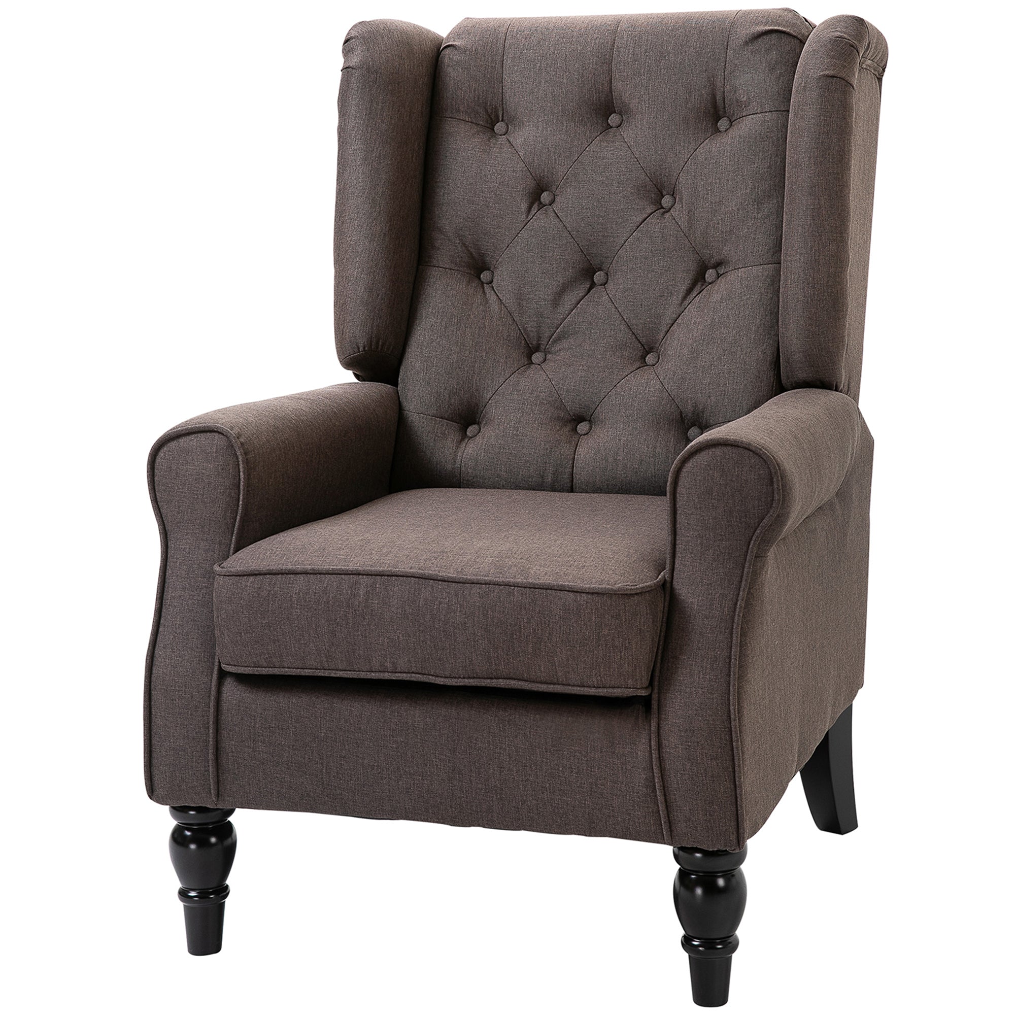 Mid-CenturyAccent Chair w/ High Wingback, Button-Tufted Fabric & Retro Wood Legs, Dark Brown