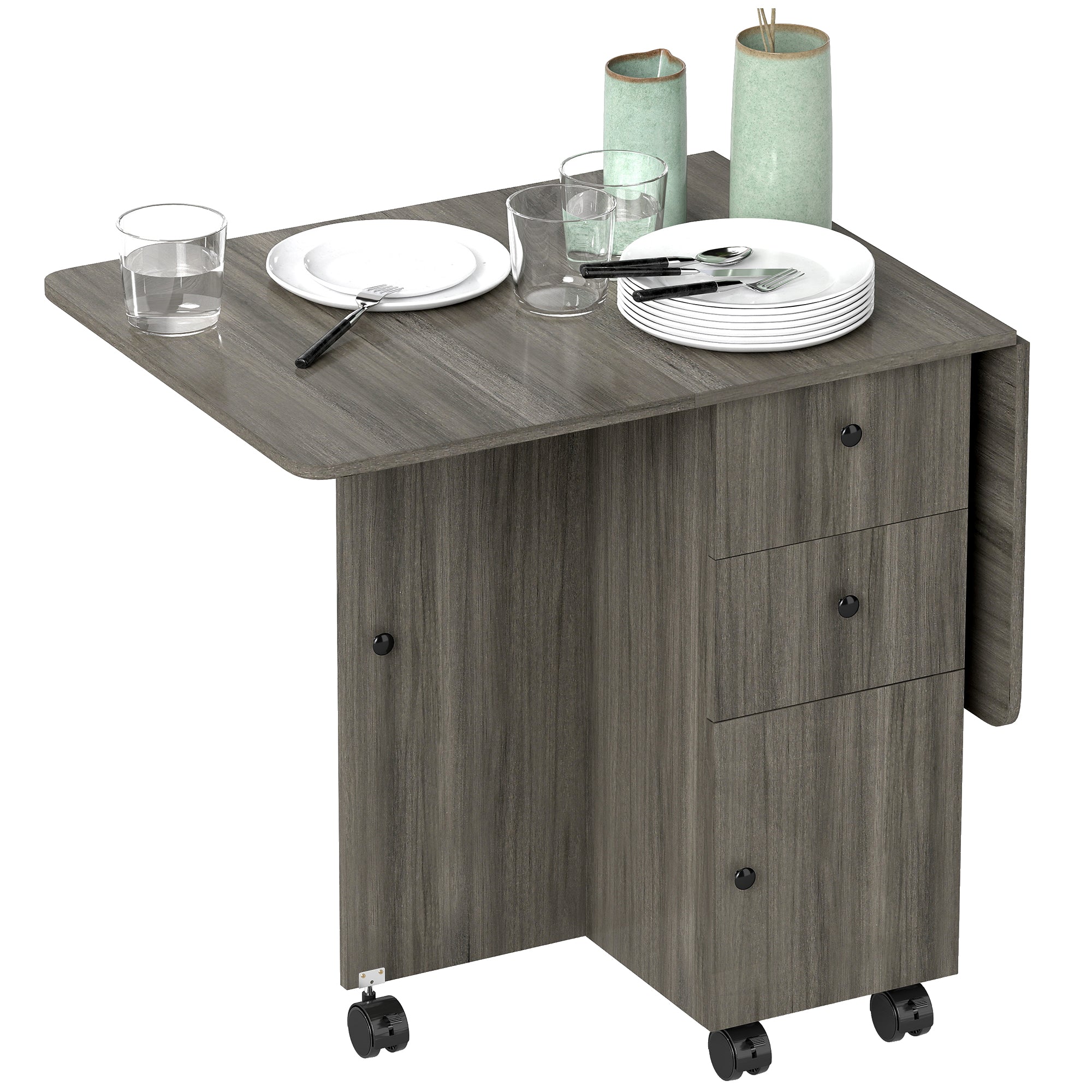 Folding Dining Table on Wheels for 4-6 with Storage Drawers, Cabinet, Grey - HOMCOM