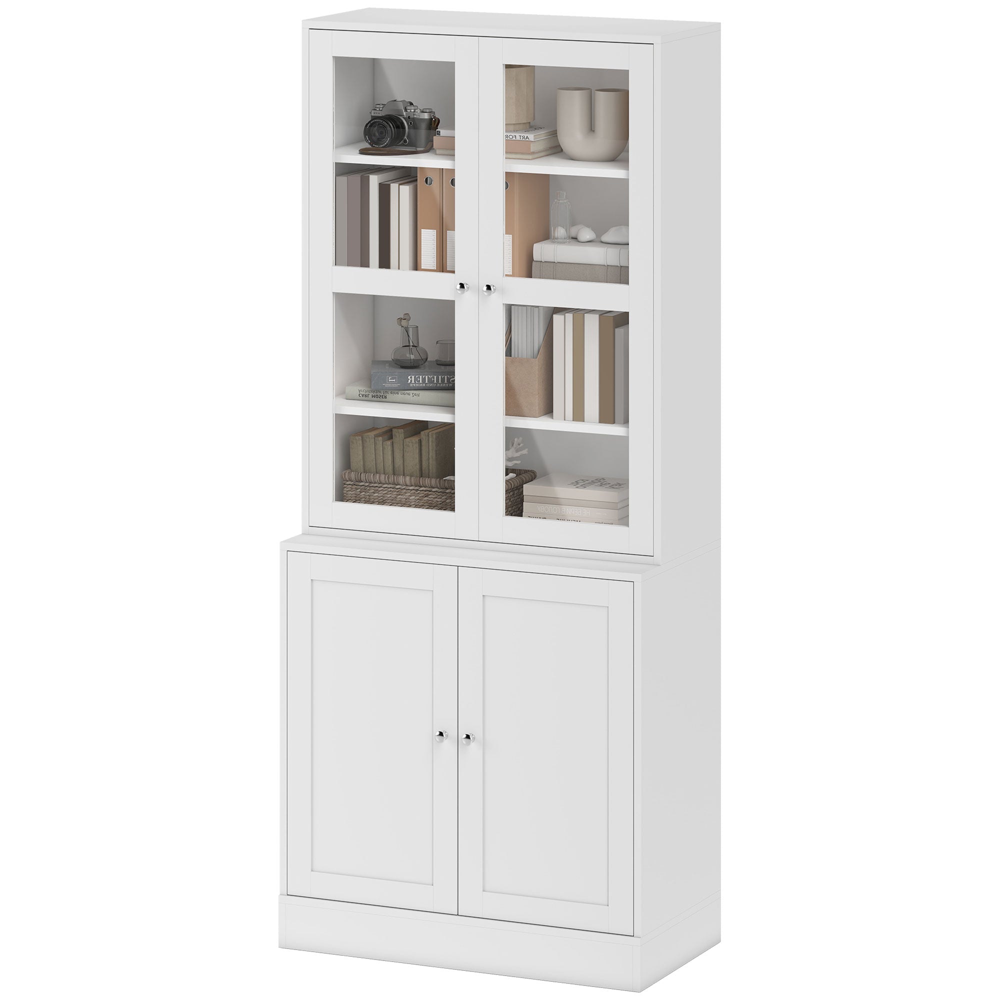 Modern Bookcase with Glass Doors, Display Storage Cabinet w/ Adjustable Shelves, White