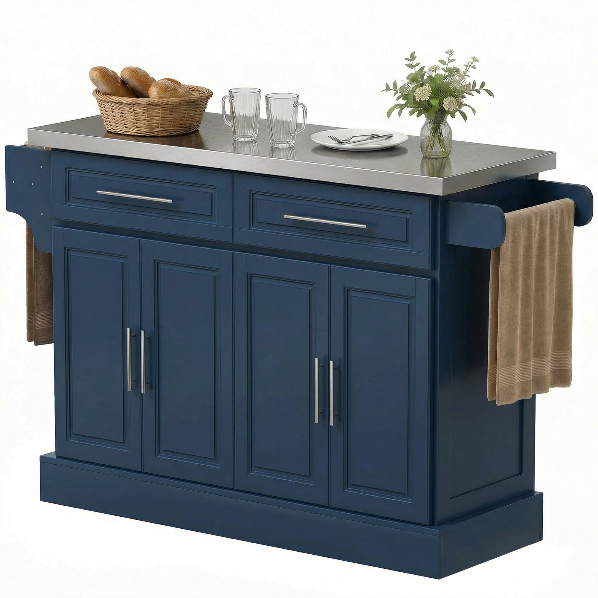 Rolling Kitchen Island with Stainless Steel Top 2 Drawers Spice Knife and Towel Rack Navy - HOMCOM