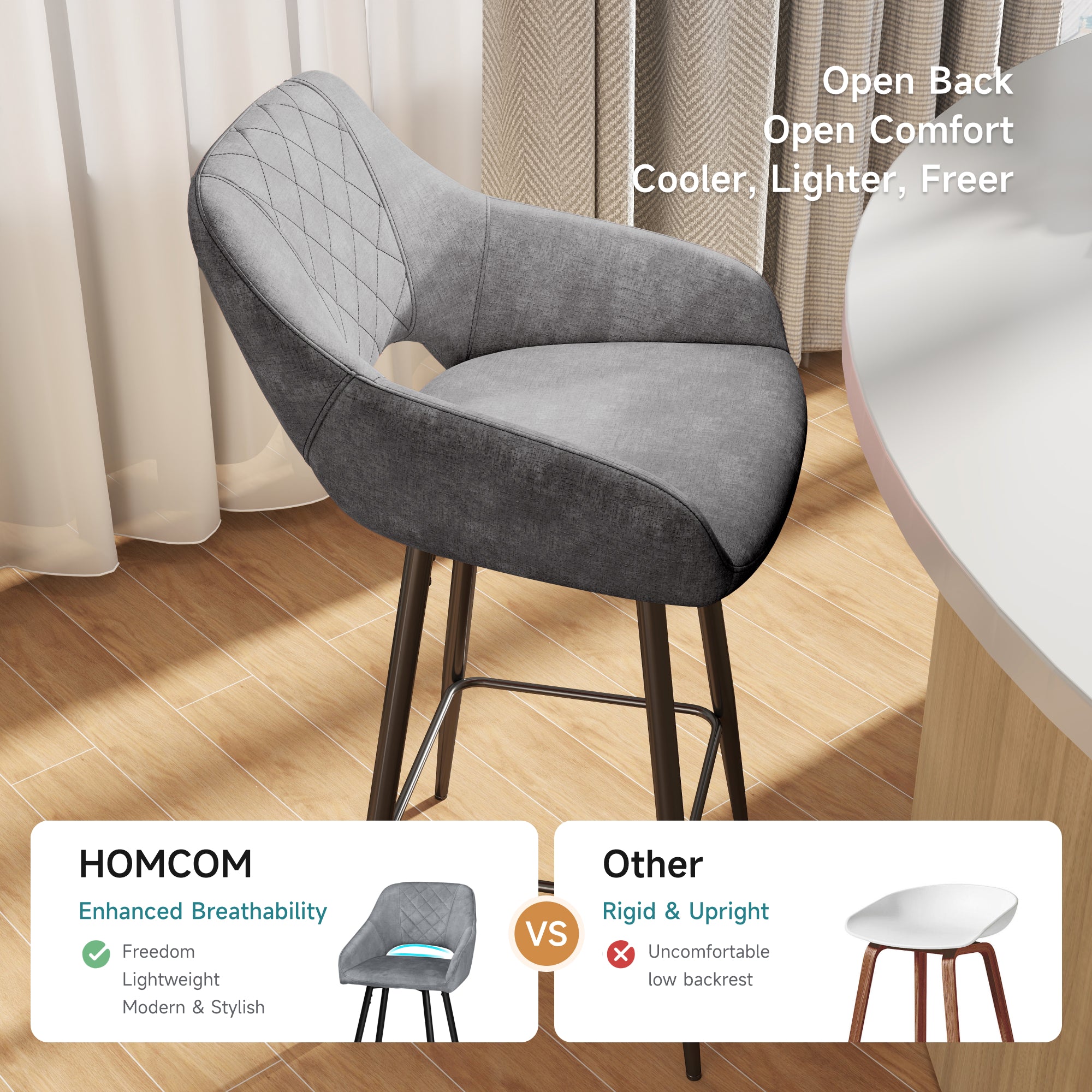 Aura Velvet Bar Stools Set of 2, Velvet-feel Fabric Counter Height Chairs with Steel Legs, Grey - HOMCOM
