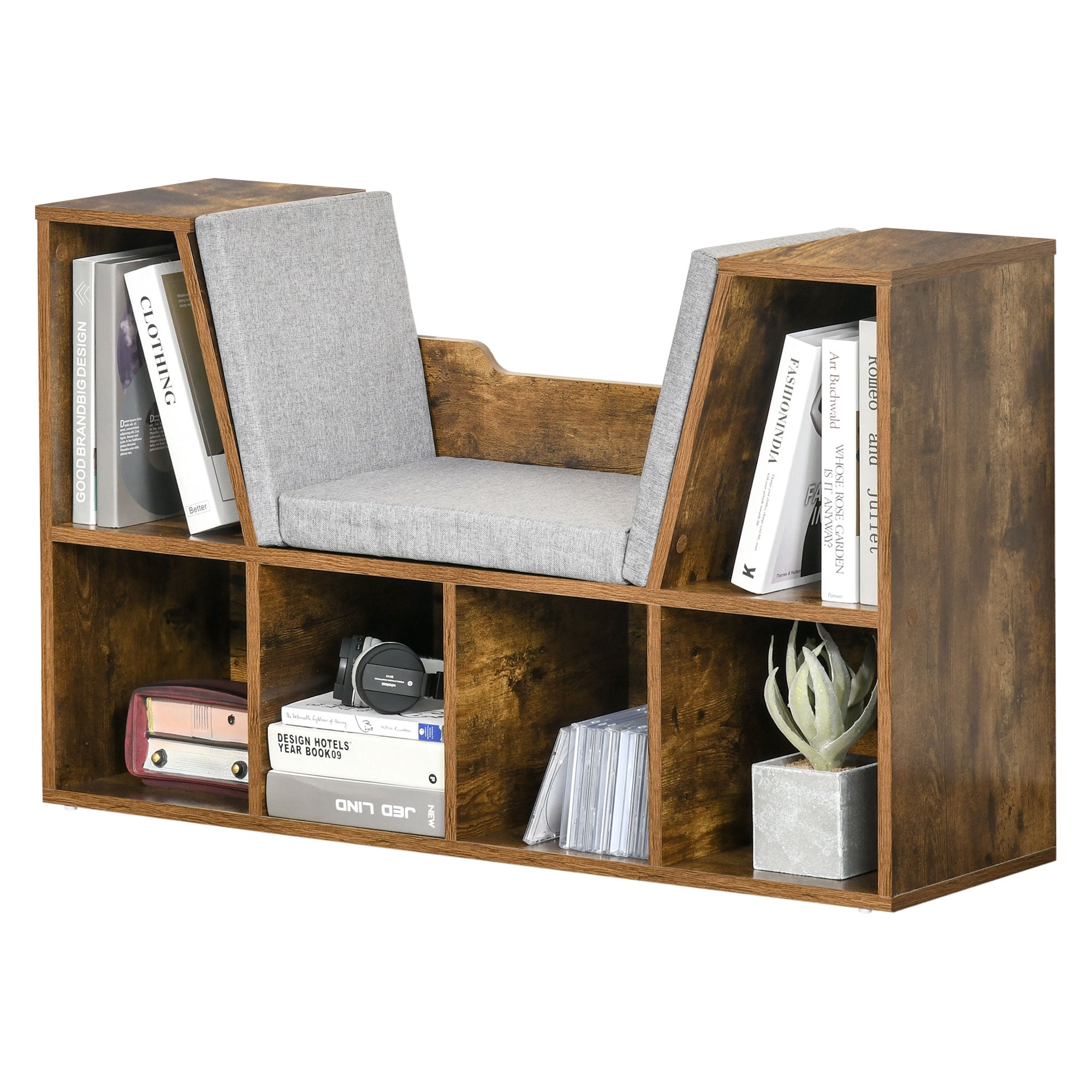 Bookcase Storage Shelf with Cushioned Reading Seat for Bedroom, Living Room, Rustic Brown - HOMCOM