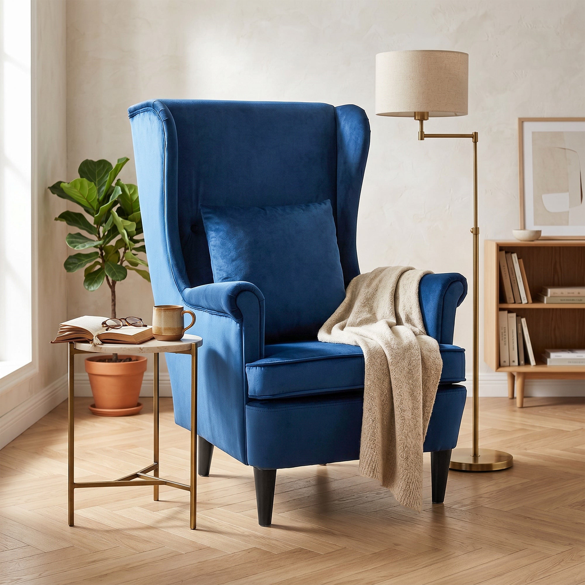 Modern Accent Chair, Upholstered Wingback Armchair with High Backrest and Pillow, Velvet-Feel Fabric Reading Chair with Solid Wood Legs for Living Room, Bedroom, Home Office, Blue